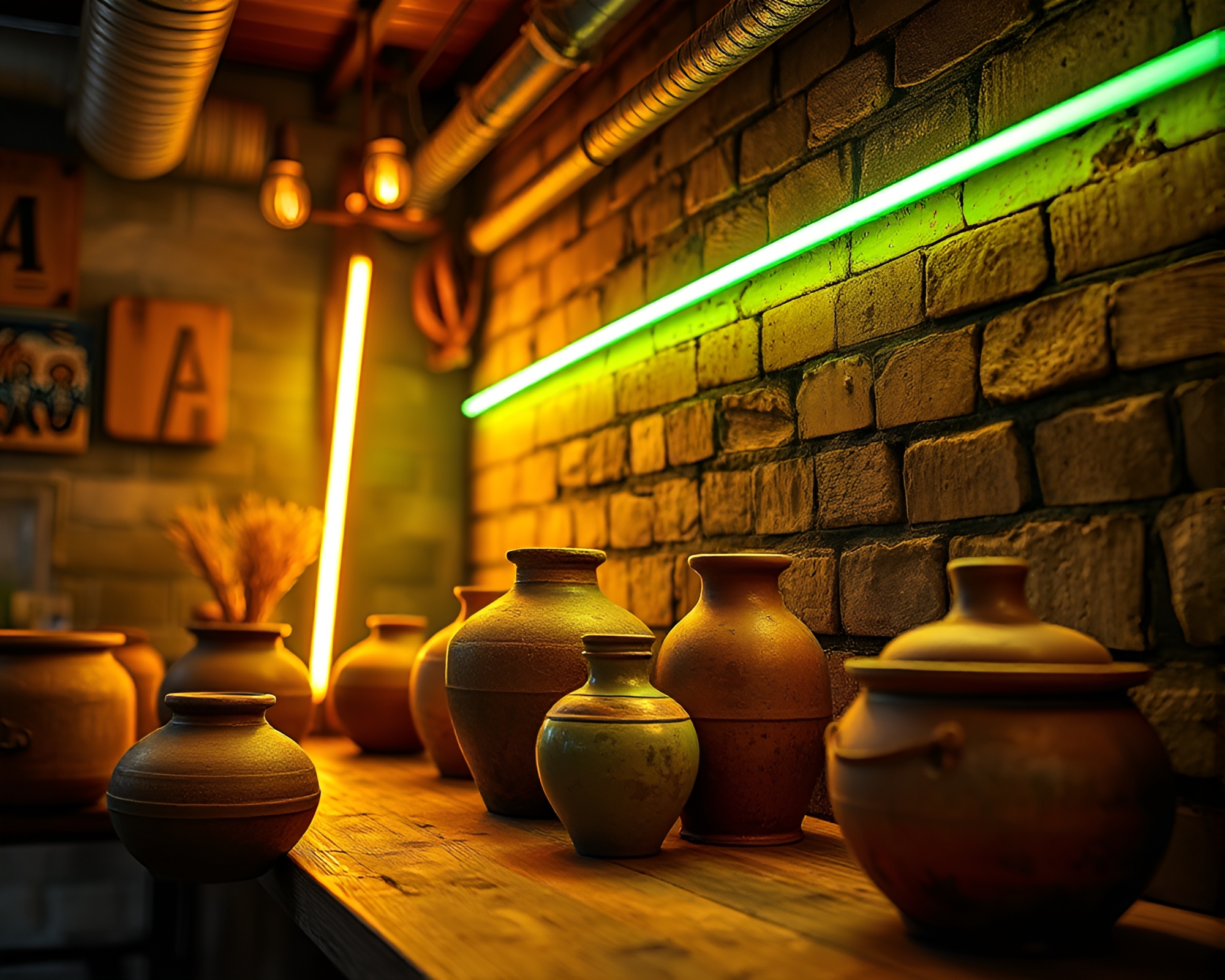 Neon Tubing Illuminates Rustic Pottery in High-Key HDR Light – free AI stock image