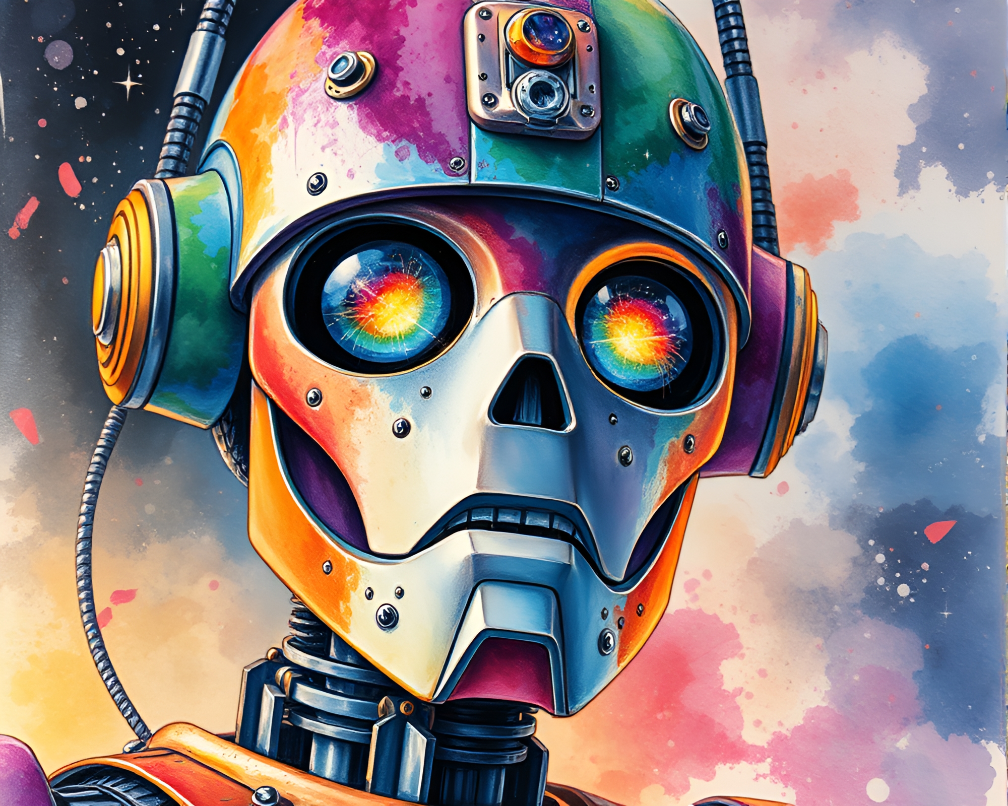 Steampunk Robot Close-up in Cosmic Rainbow Watercolor – free AI stock image