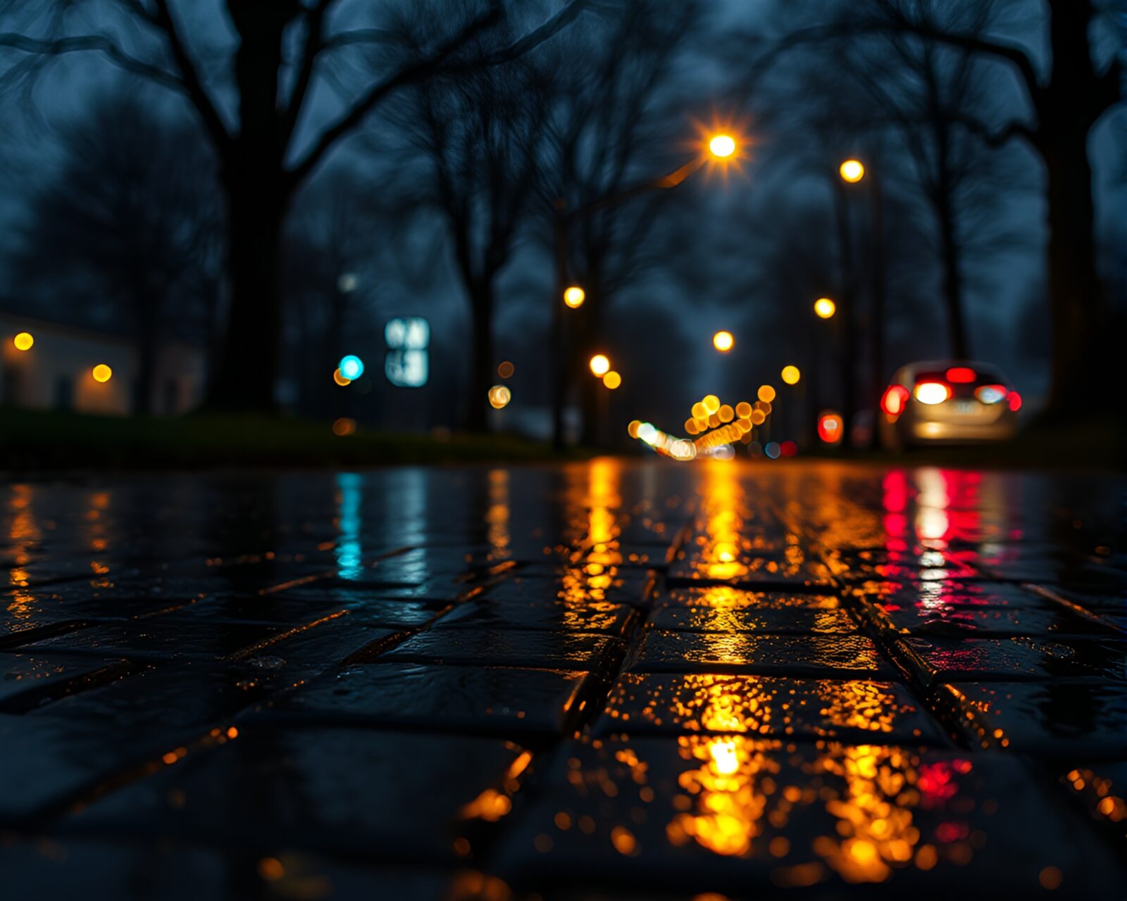 Magical scene with glowing fireflies on wet stained-glass pavement
