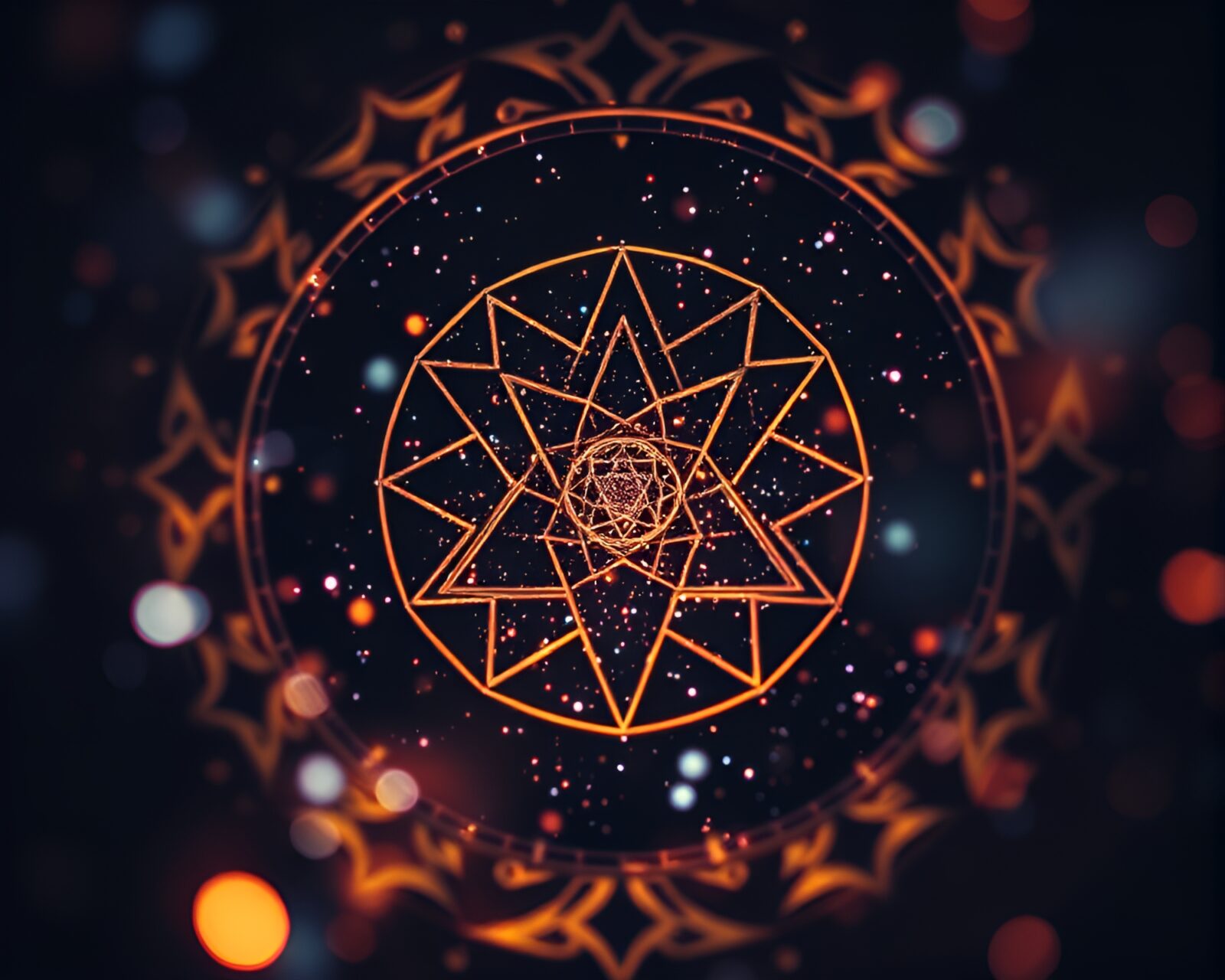 Abstract esoteric symbol with particles floating in glowing colors