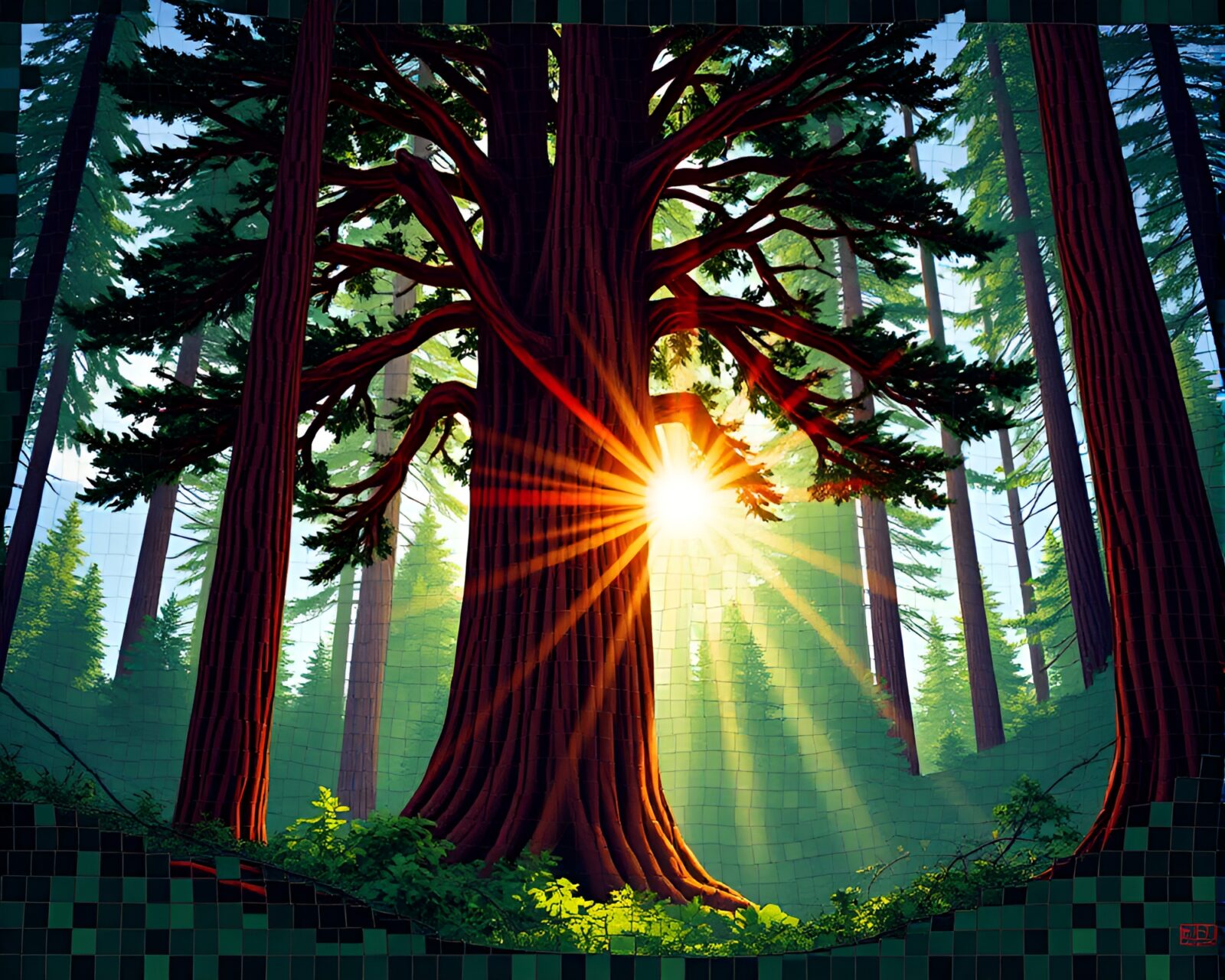 Tiled mosaic of a towering redwood tree glowing in sunlight