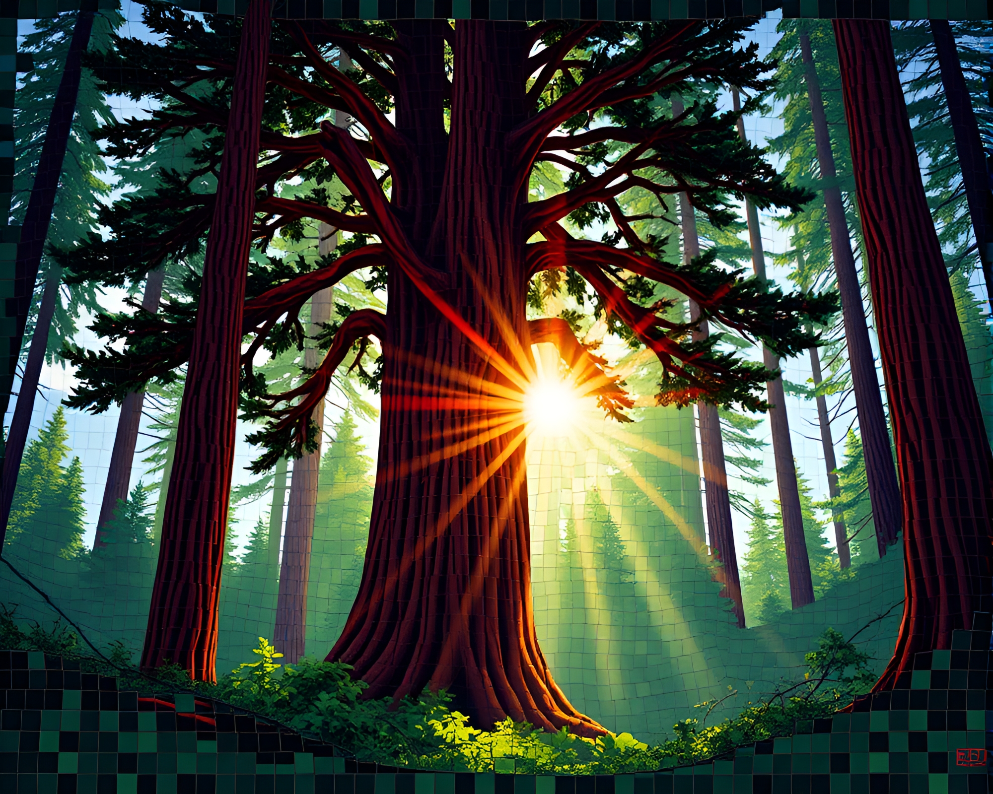 Redwood Tree Mosaic under Solar Flare Toon Glow – free AI stock image