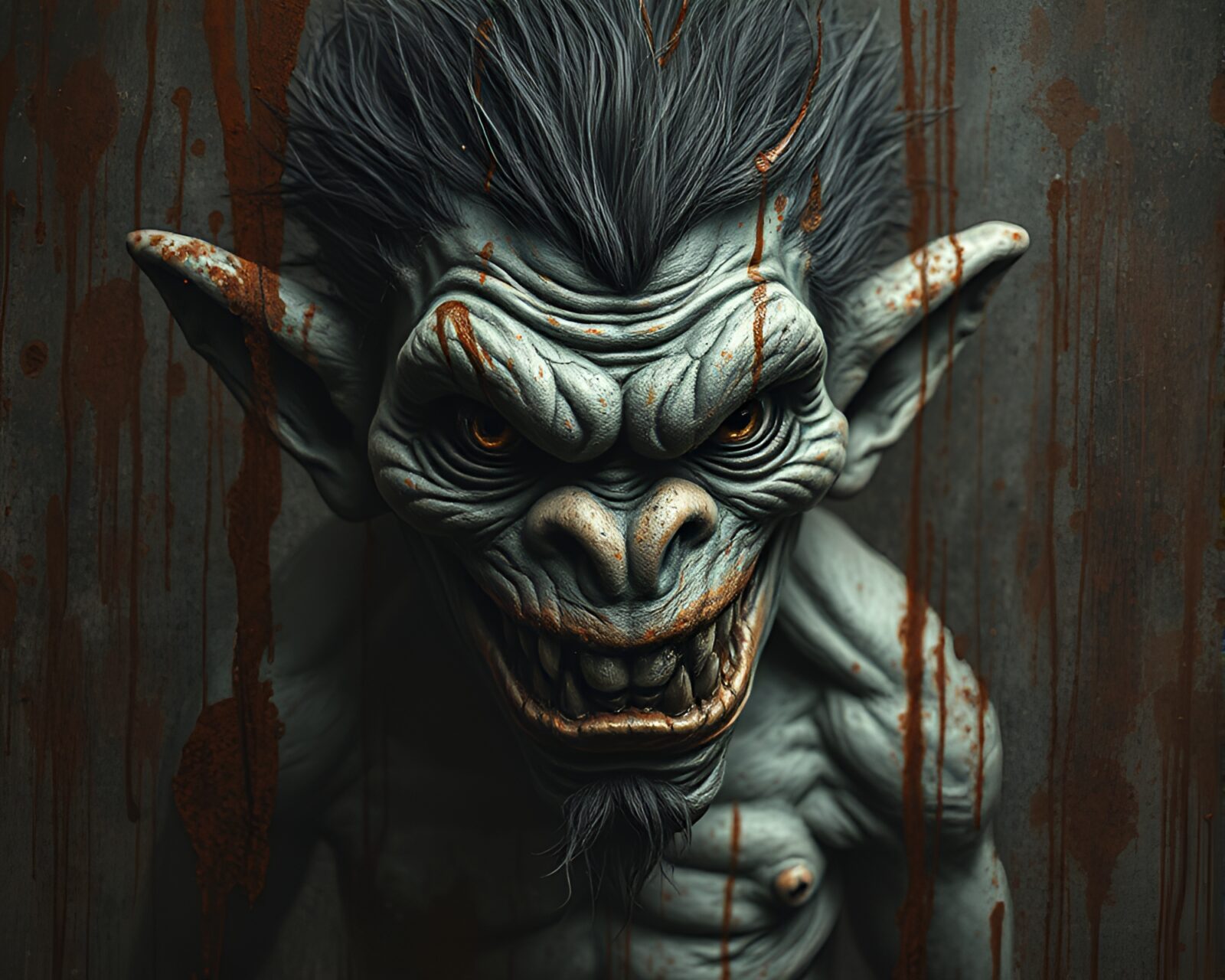 Desaturated troll figure amidst streaks of rust stains in artwork
