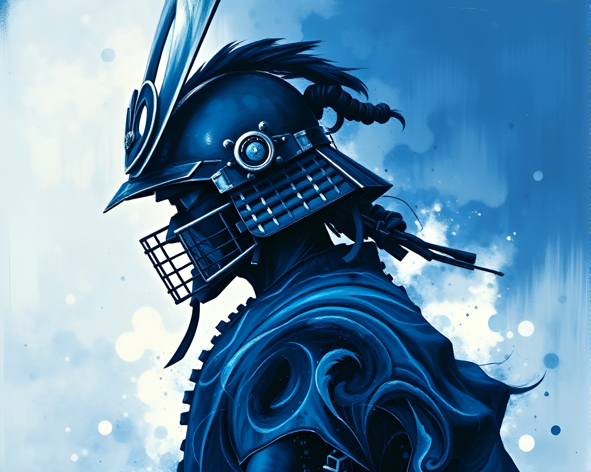 Samurai Warrior in Monochrome Blue Gouache with Oil Slick Rainbow – free AI stock image