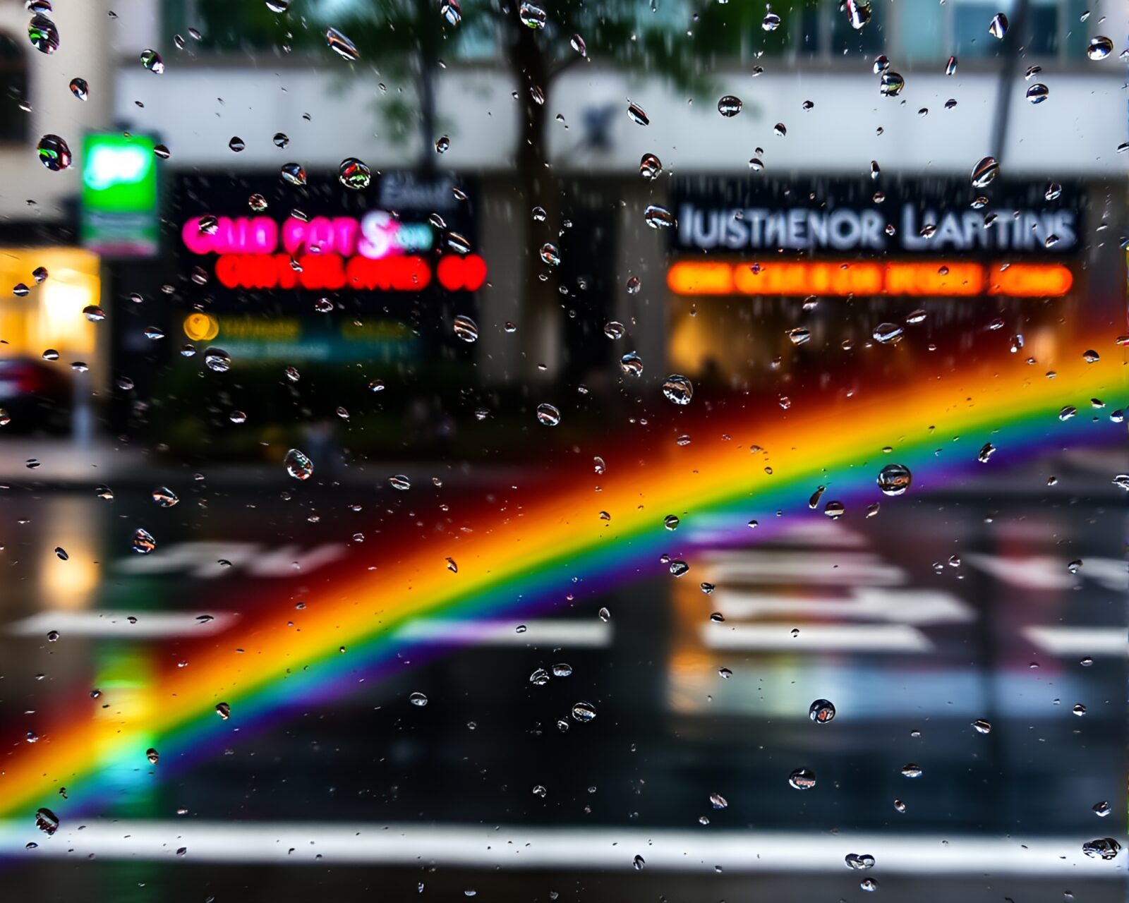 Abstract art of colorful rainbow refraction on rainy day