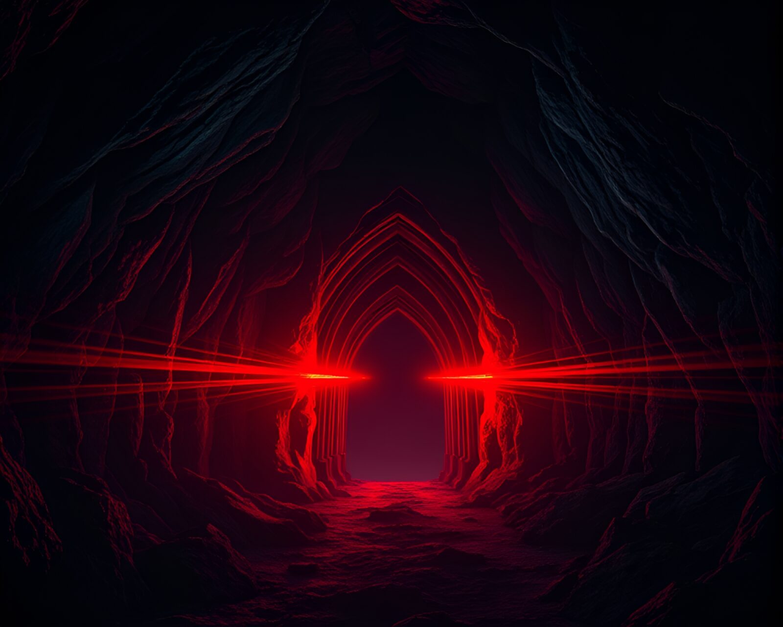 Dark cave entrance with backscatter flare in op art style