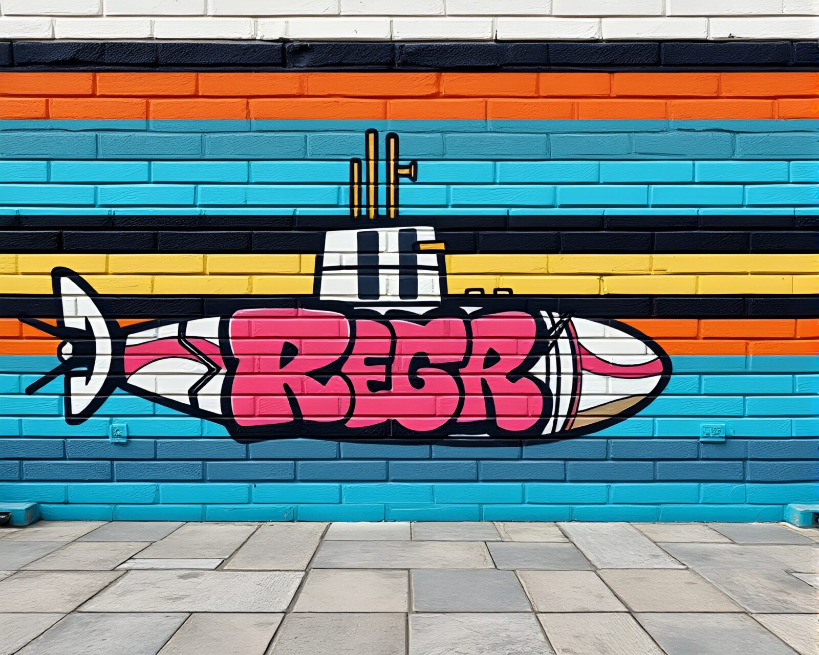 Vibrant graffiti-colored striped submarine in detailed architectural style rendering