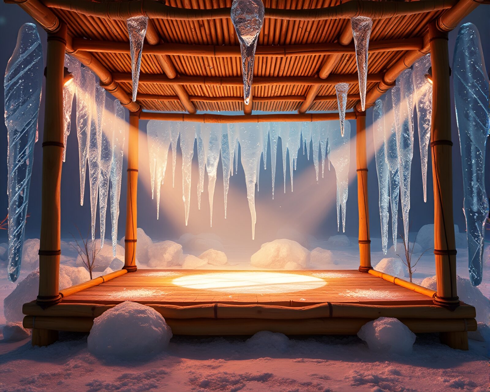 Maximalist bamboo hut glowing under ice crystal spotlight