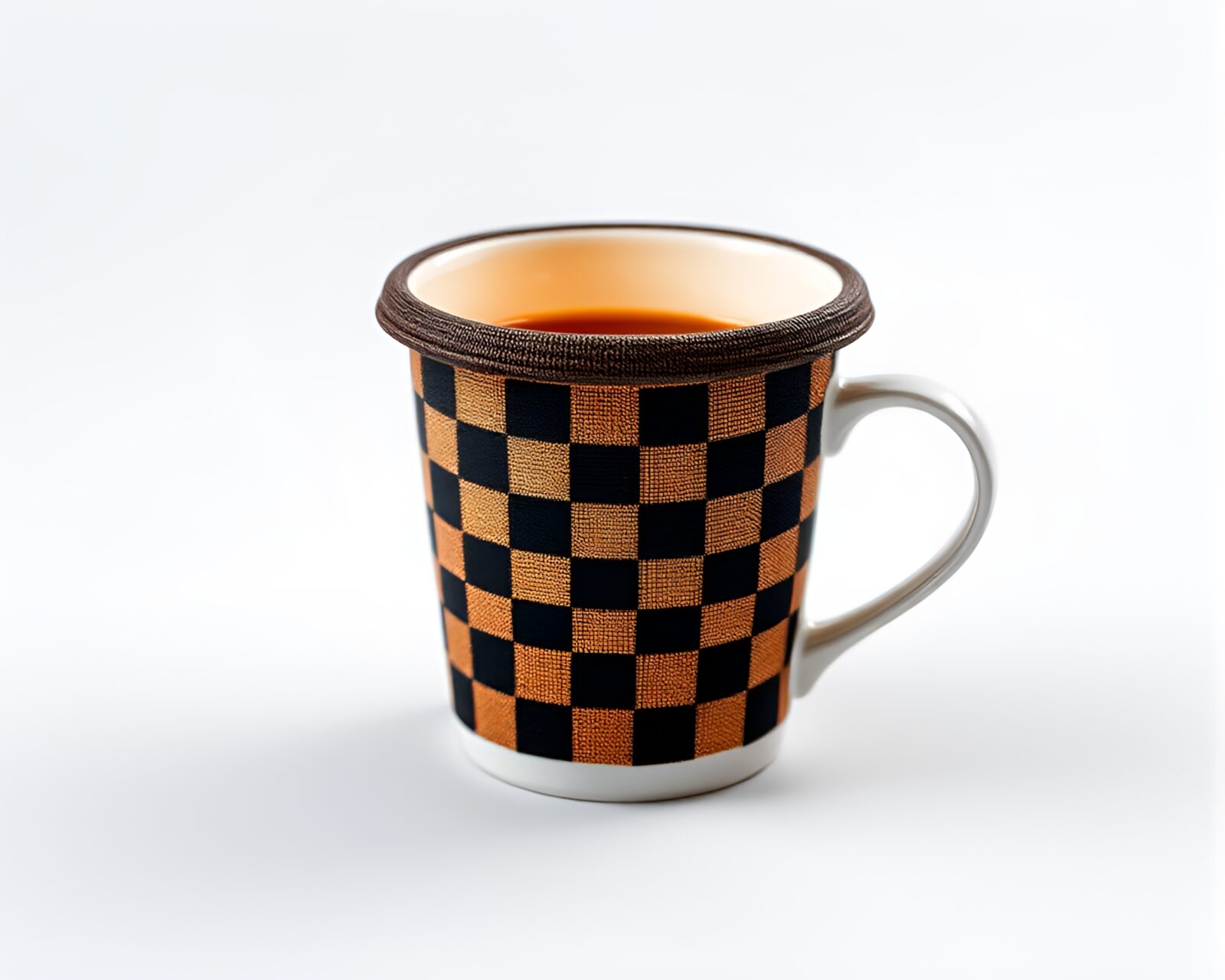 Warmly lit coffee cup on checkered pattern fabric