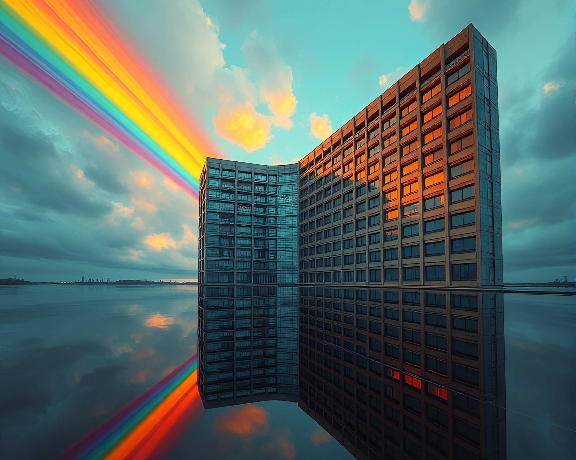 Brutalist Building Double Reflections Cosmic Rainbow Concept Art – free AI stock image