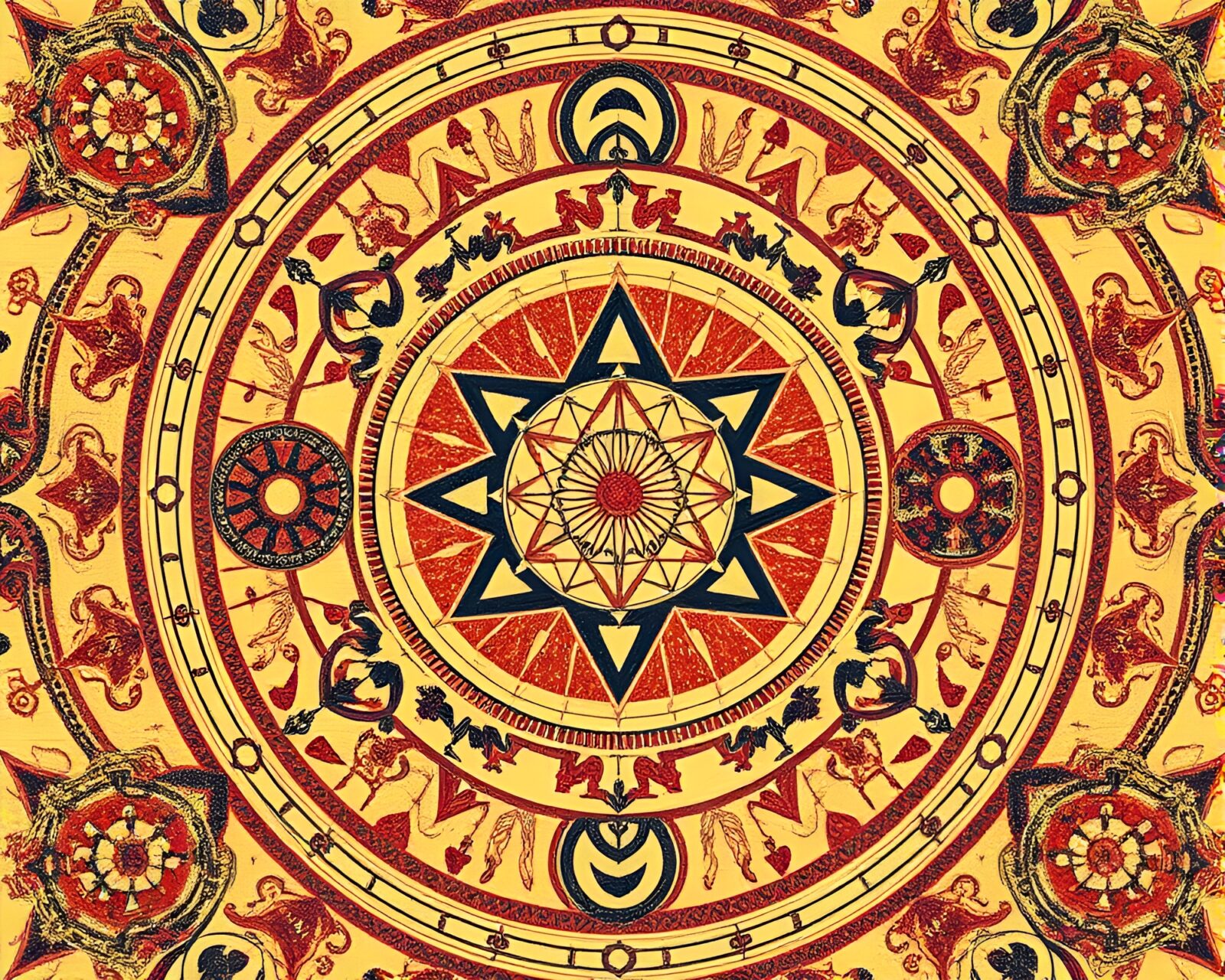 Intricate patterns of alchemical symbols with cross-processed lighting
