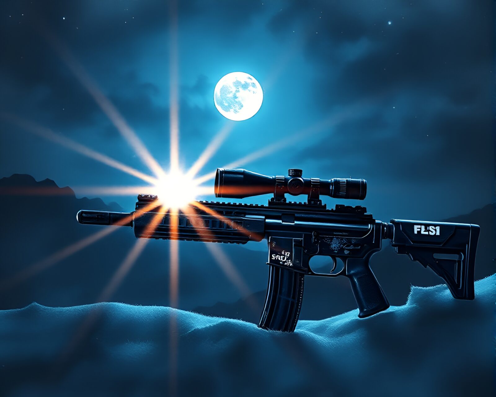 Fantastical scene of glowing plasma rifle in moonlight