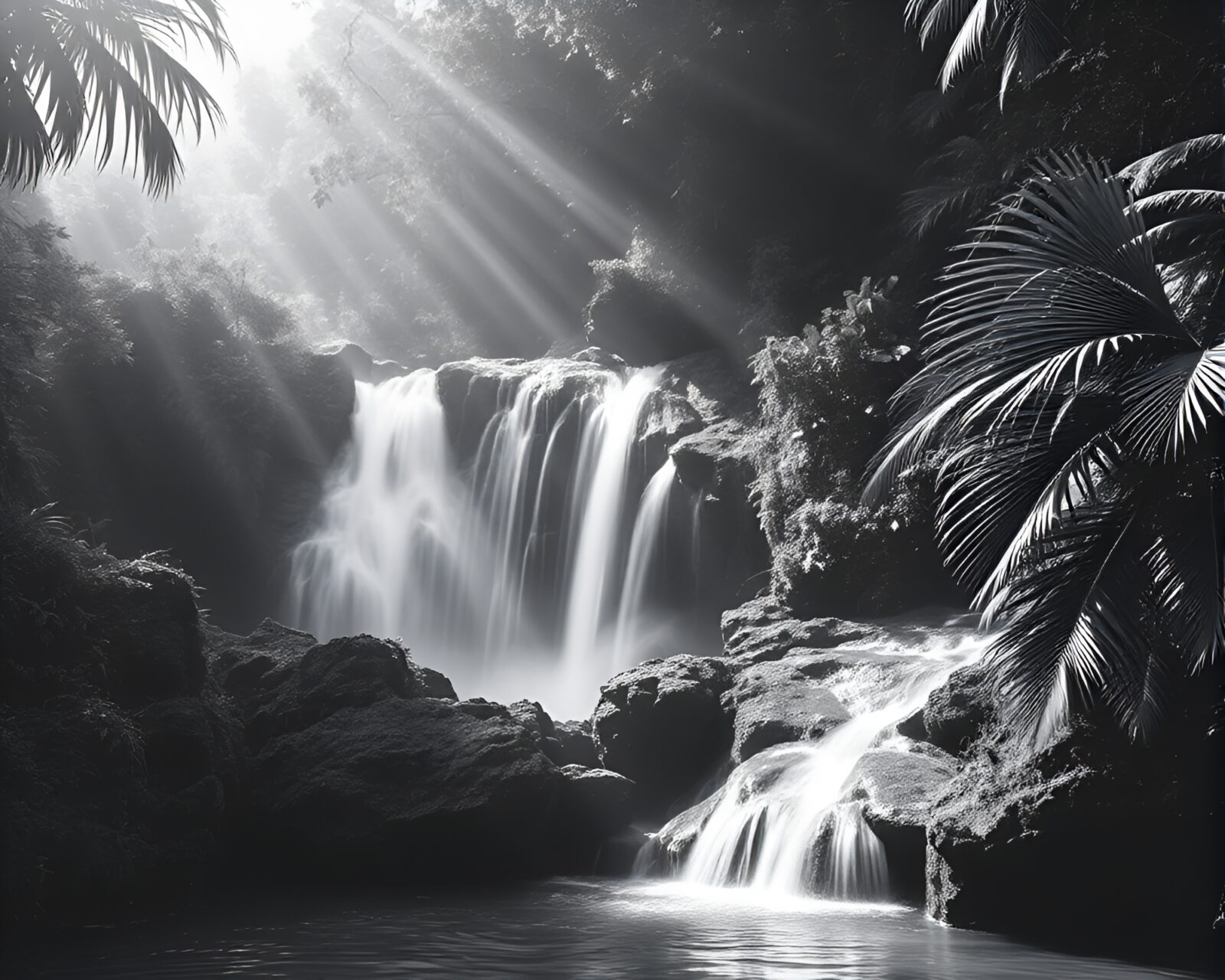 Black and white surreal scene of grid overlaid tropical waterfall