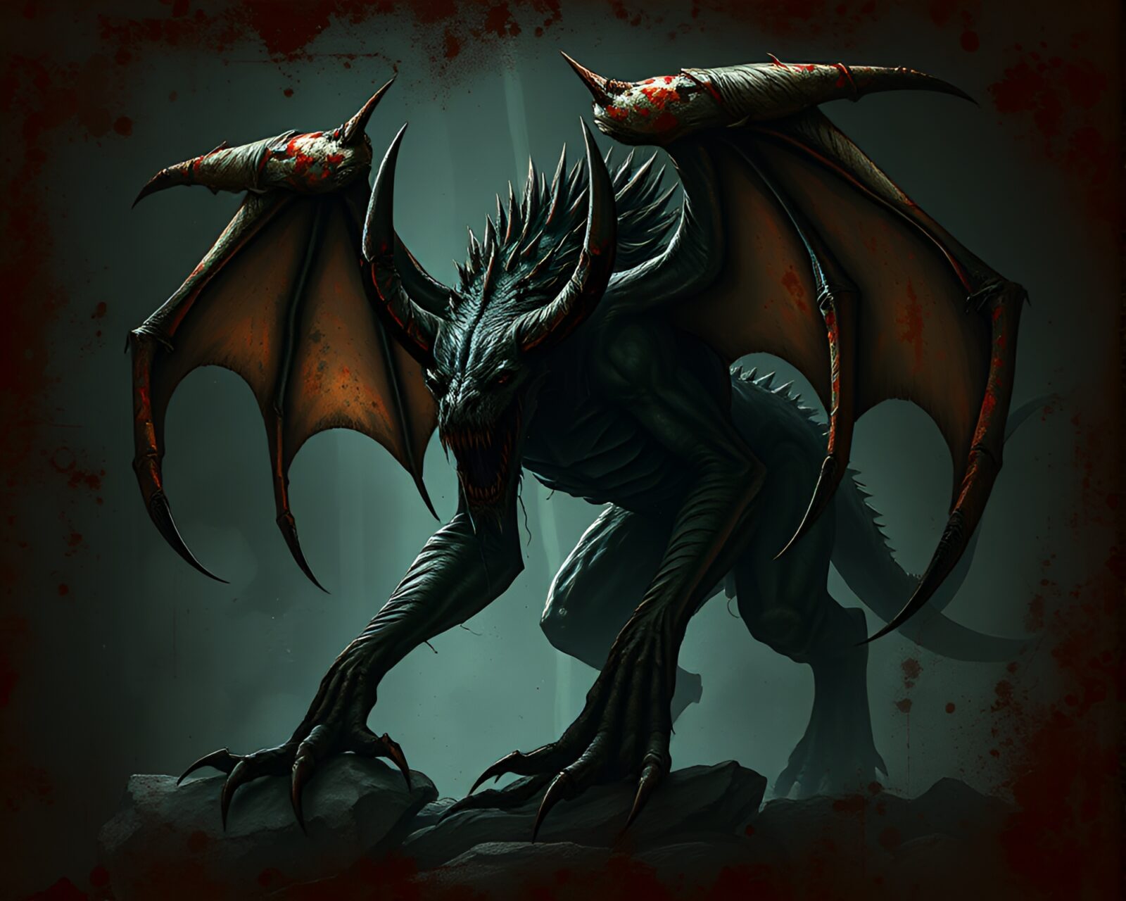 Detailed technical illustration of Cerberus in rust stain streaks