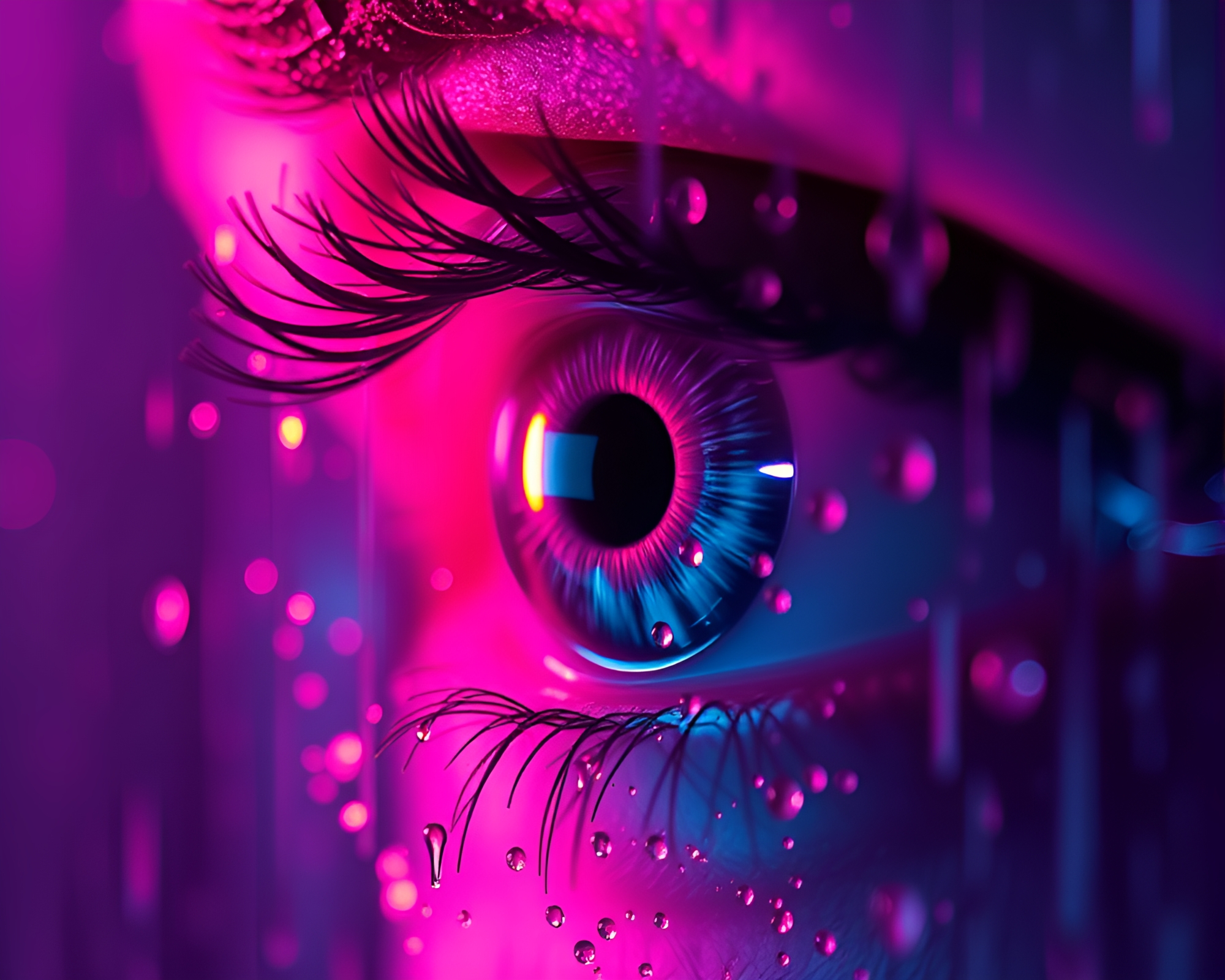 Cybernetic Eye Rain Droplets With Fractal Glow – free AI stock image