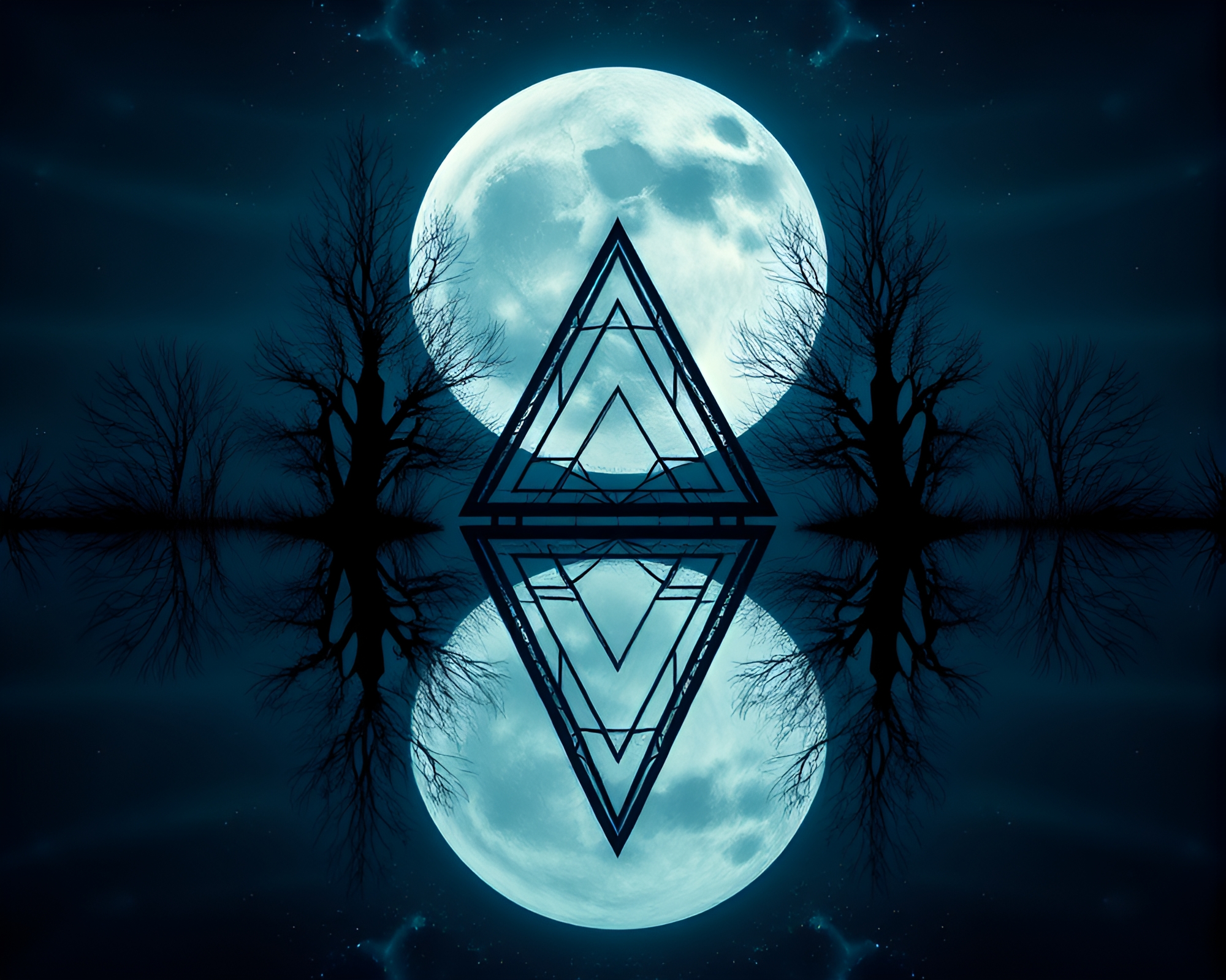 Moonlit Sacred Geometry Mirror Symmetry Surrealism – free AI stock image