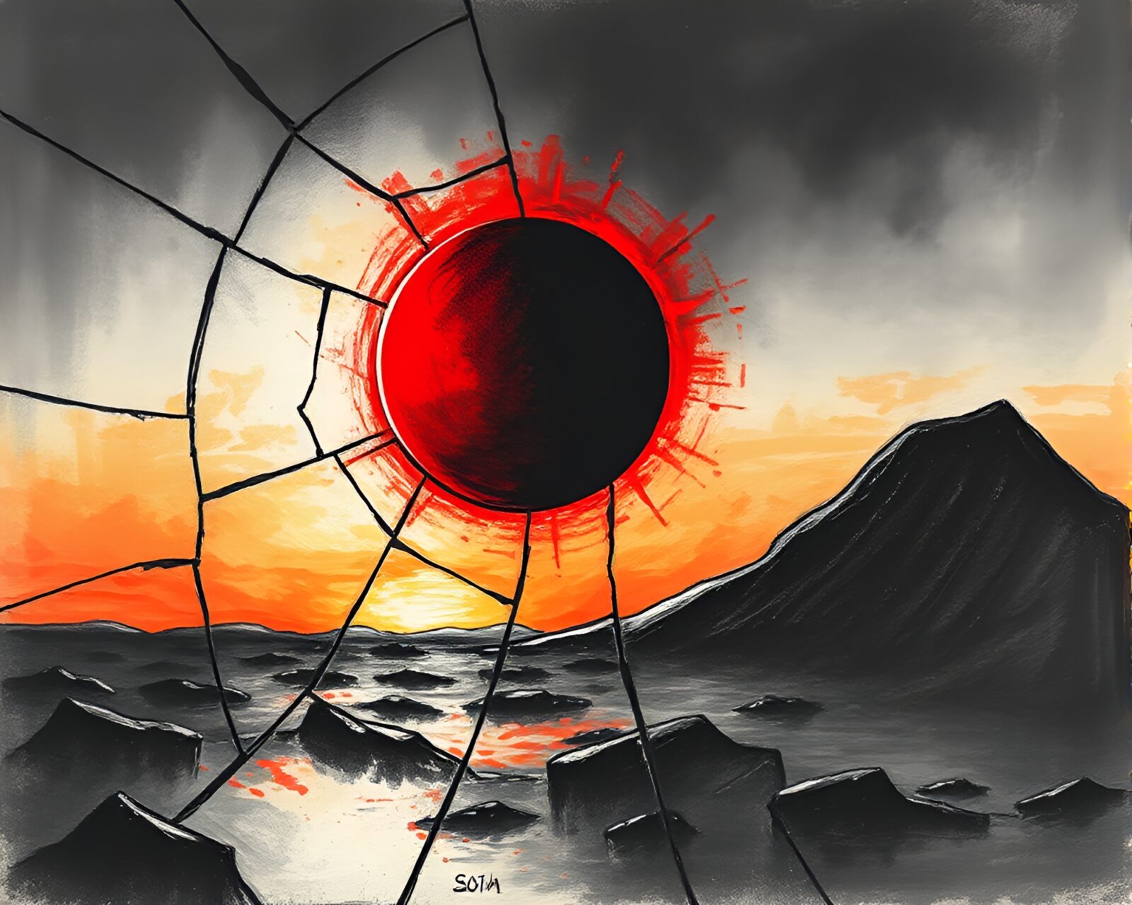 Charcoal sketch of broken glass reflecting solar eclipse