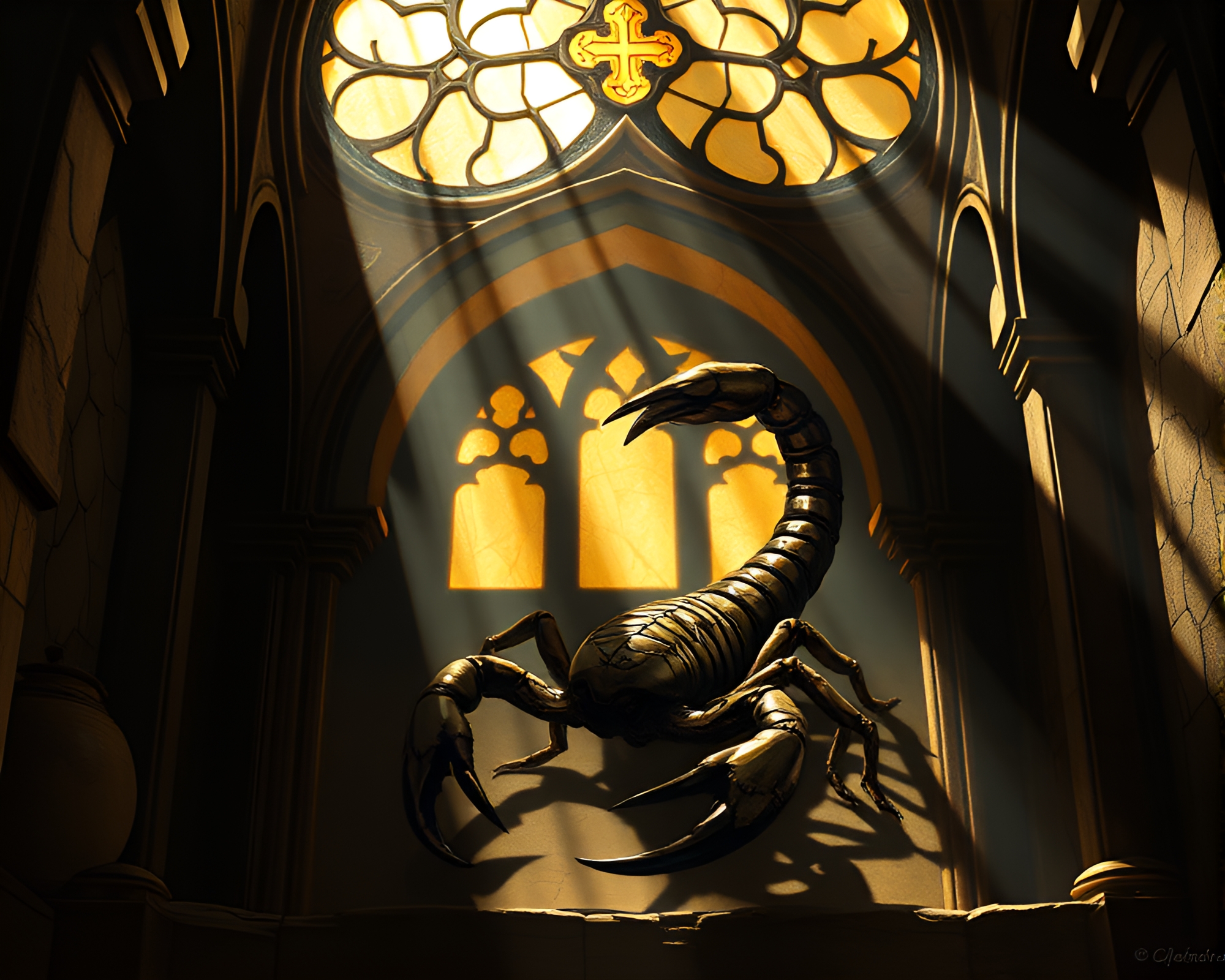 Scorpion Cathedral: Trompe-l’oeil Stained Light – free AI stock image