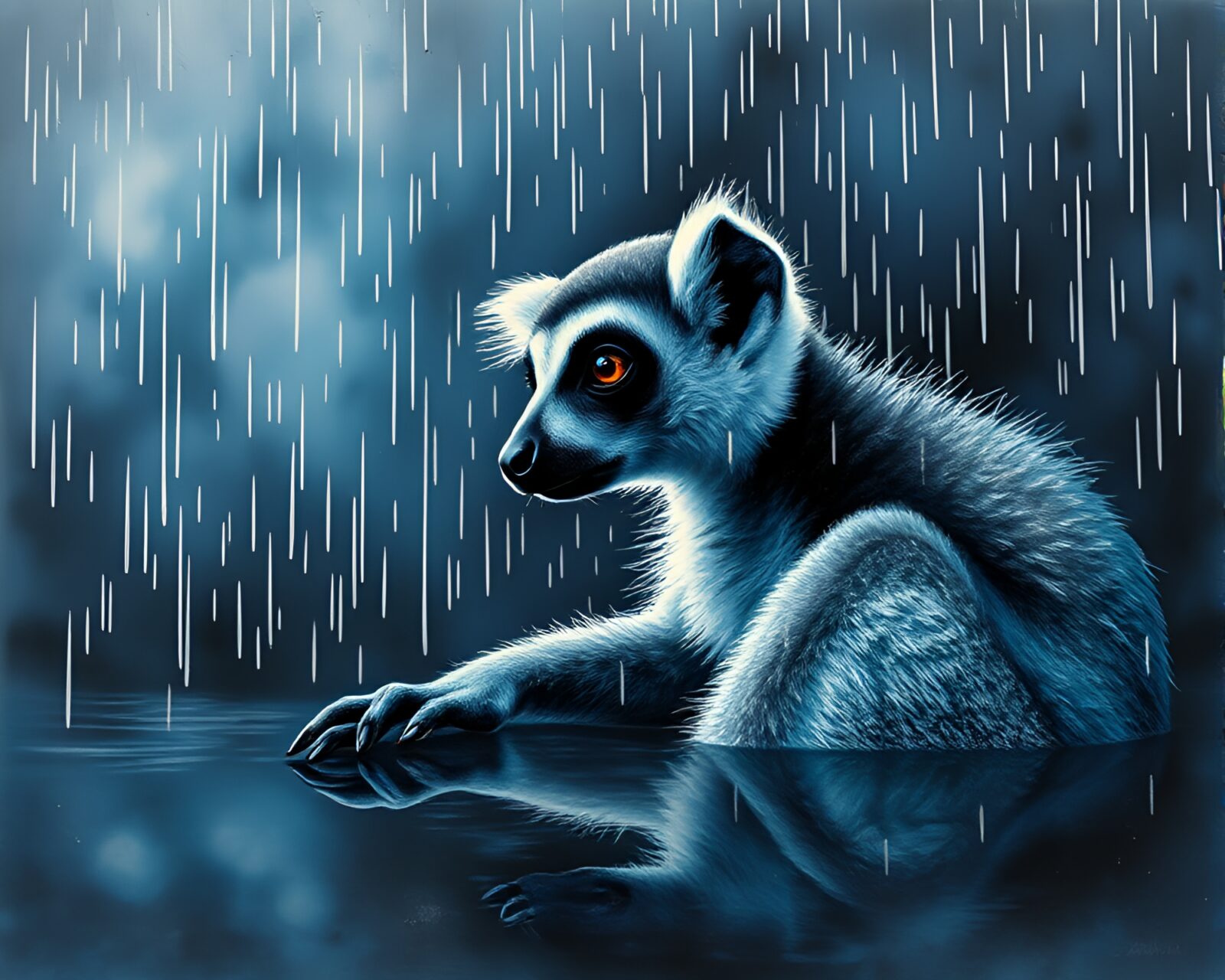 Majestic lemur blending with intricate fractal patterns in ink wash style during a rainy day