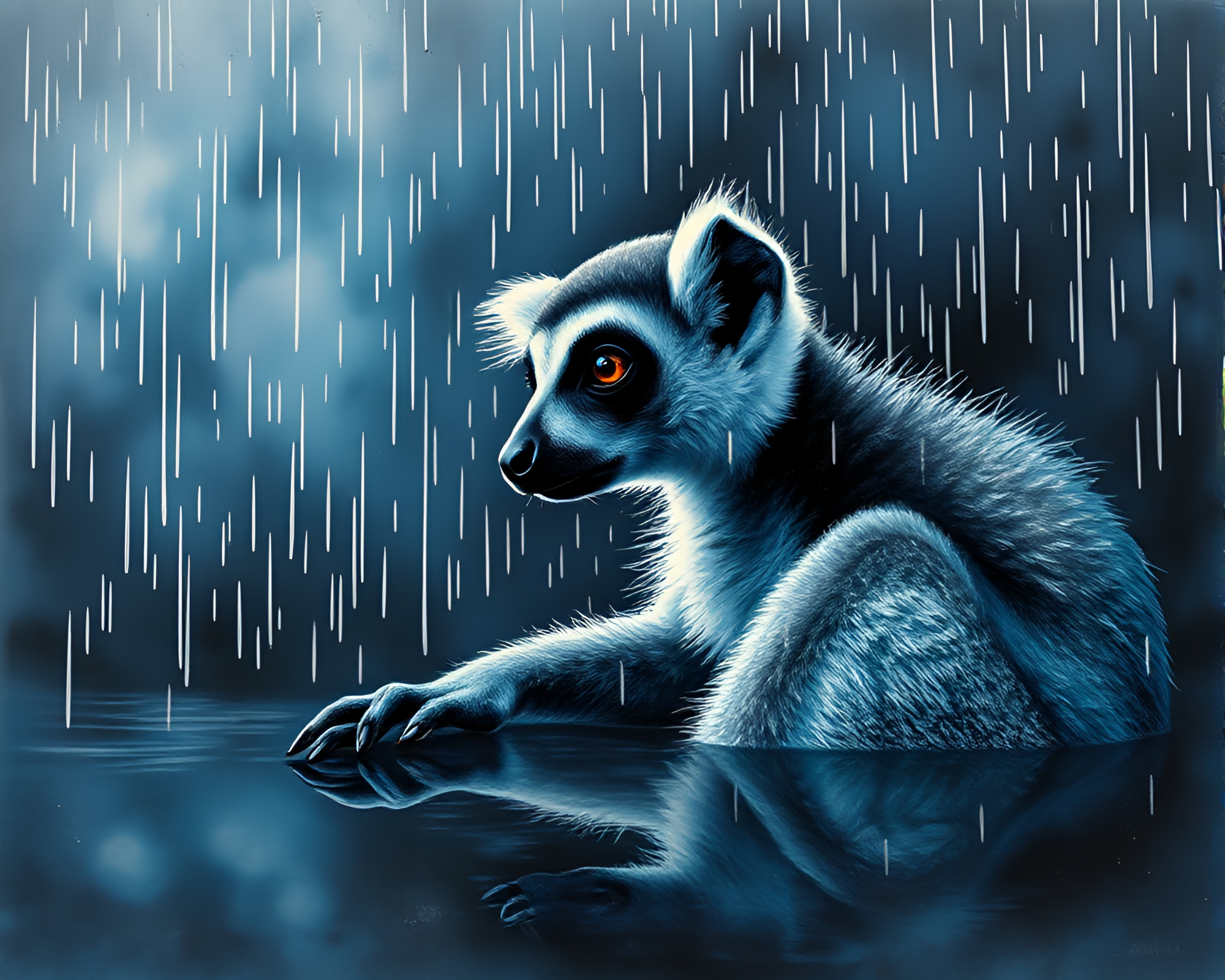 Fractal Lemur Amid Rainy Ink Wash Reflections – free AI stock image