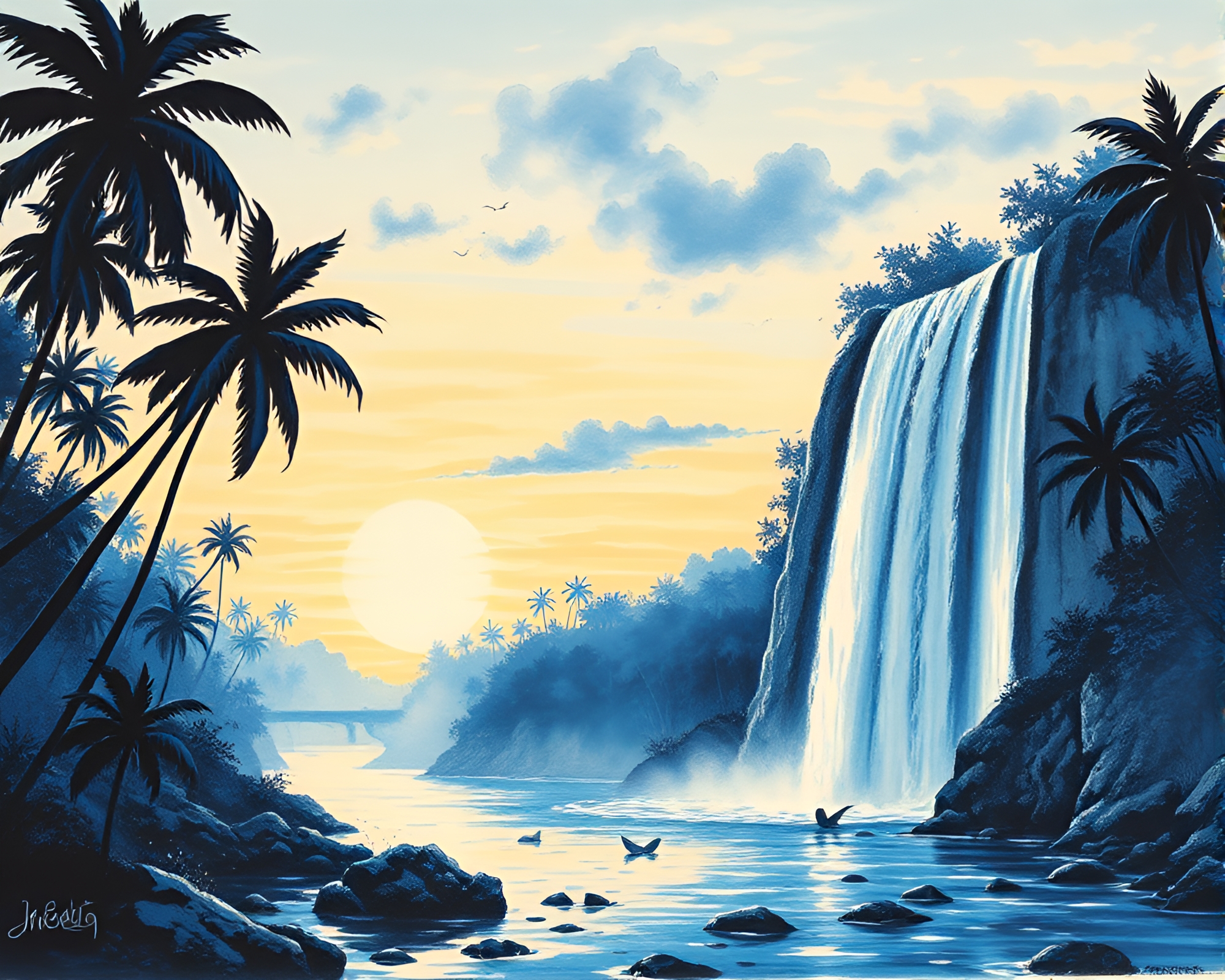 Tropical Twilight: Engraved Ink Waterfall Scene – free AI stock image
