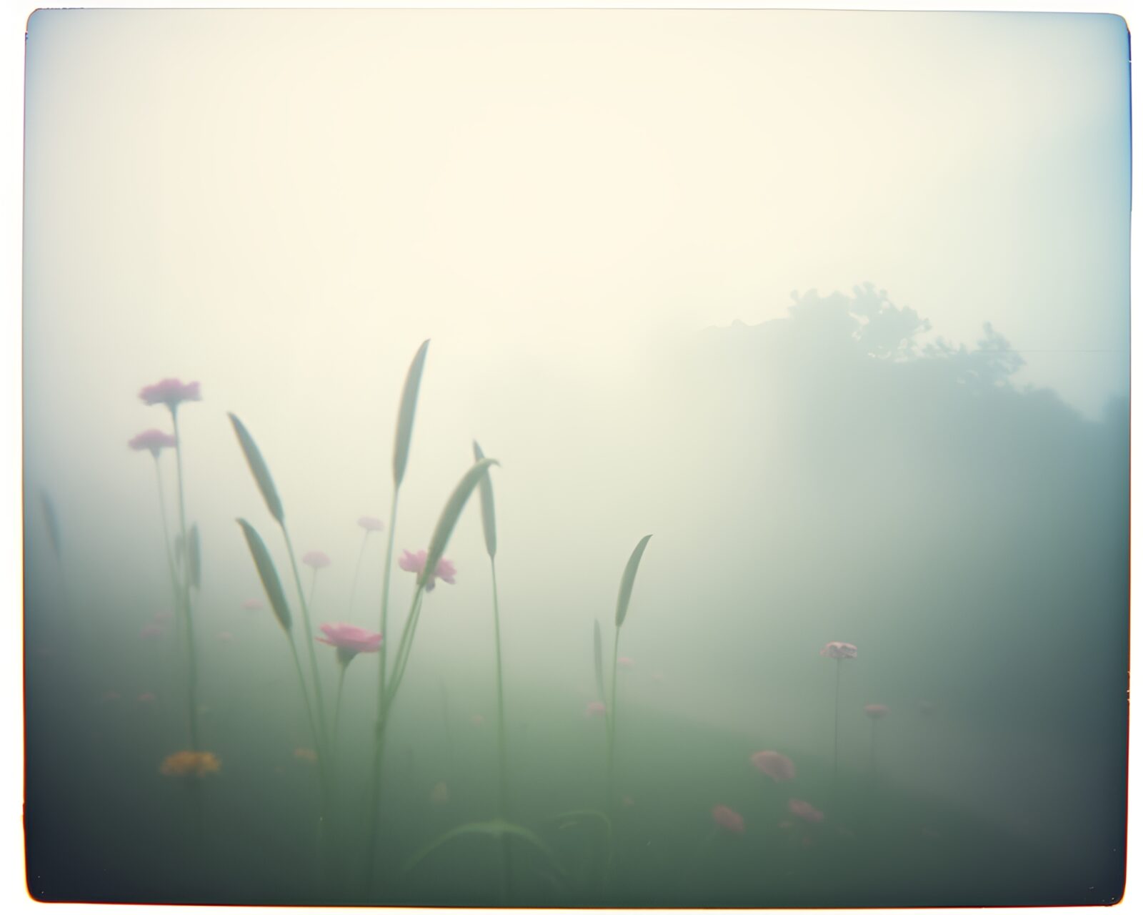 Ethereal garden with glitched skies in Polaroid style