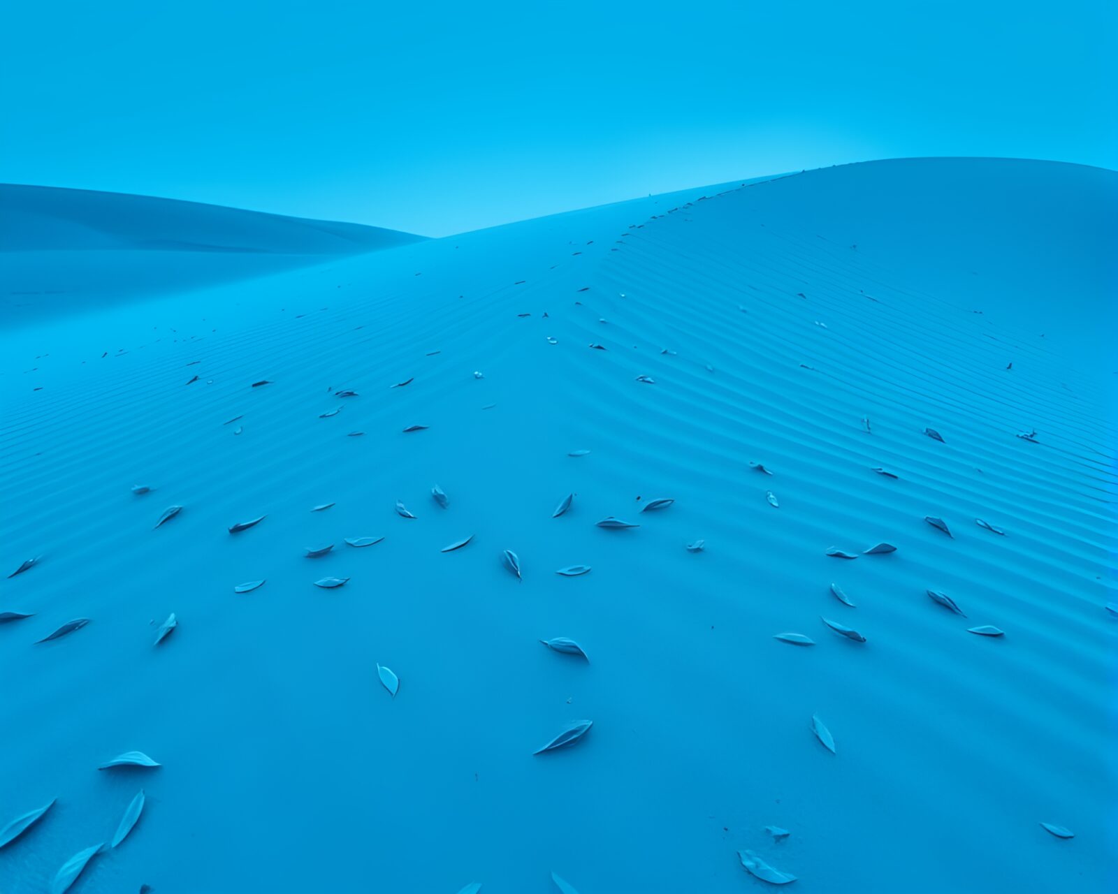 A surreal art piece of blue sand dune with scattered leaves
