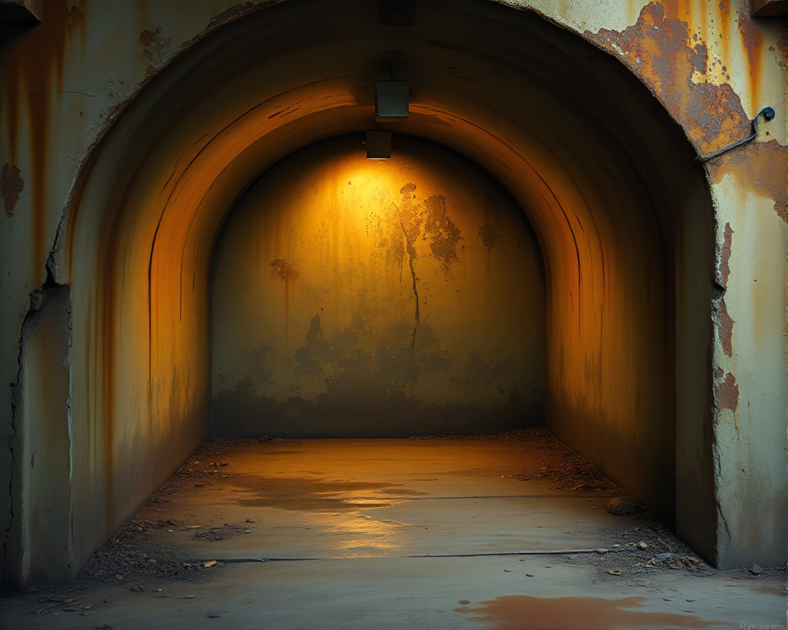 Dark bunker with eerie rim lighting highlighting rusty walls