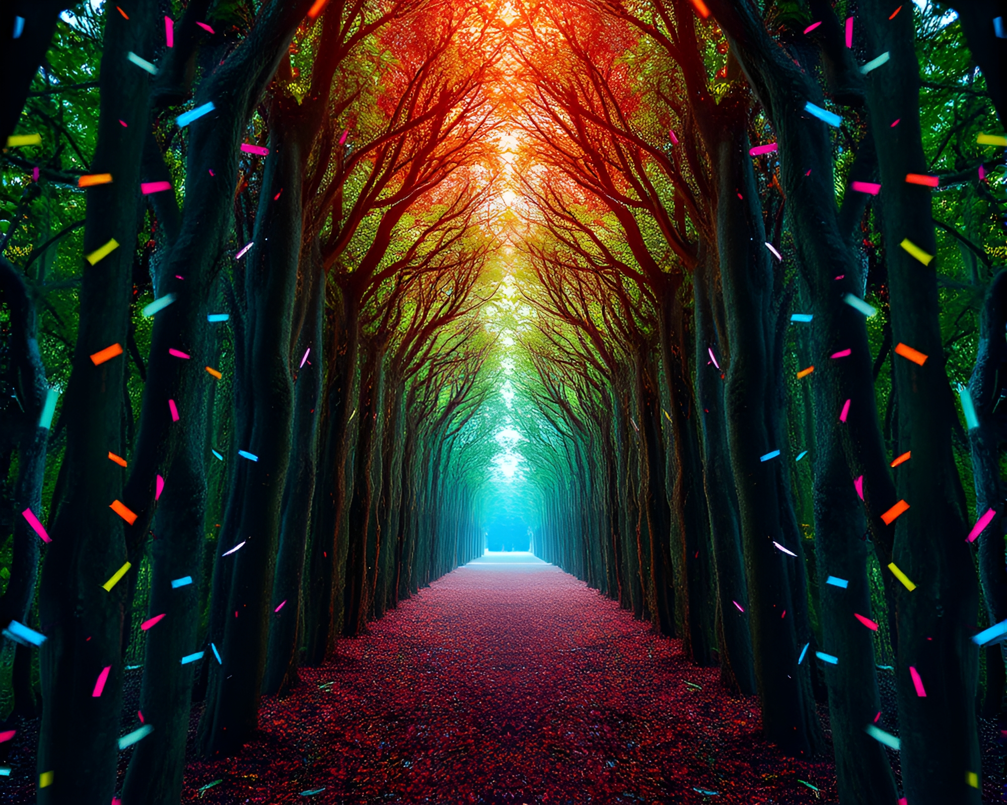 Symmetrical Ancient Grove with Confetti Burst – free AI stock image