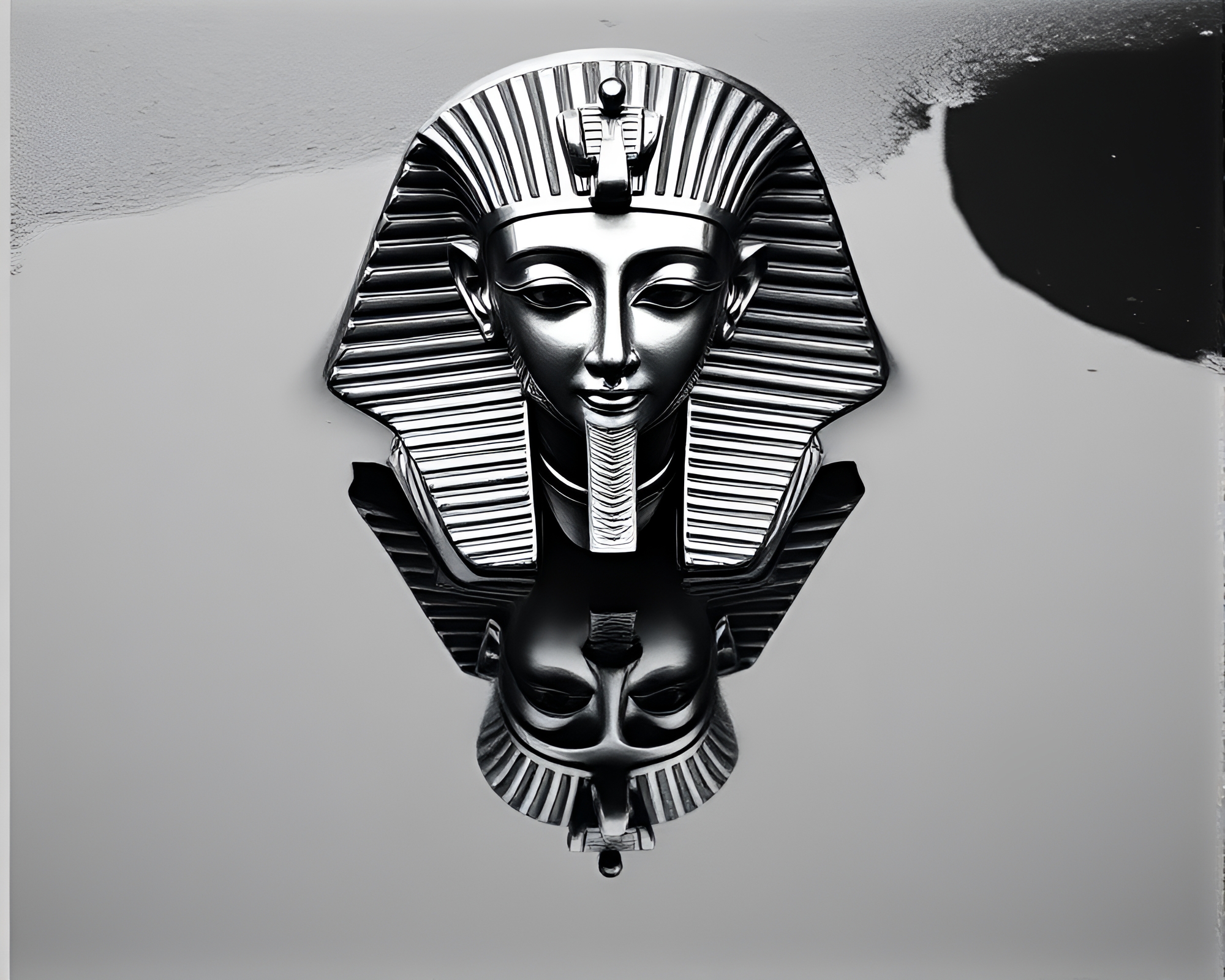 Pharaoh Mask Reflection in Grainy Puddle – free AI stock image
