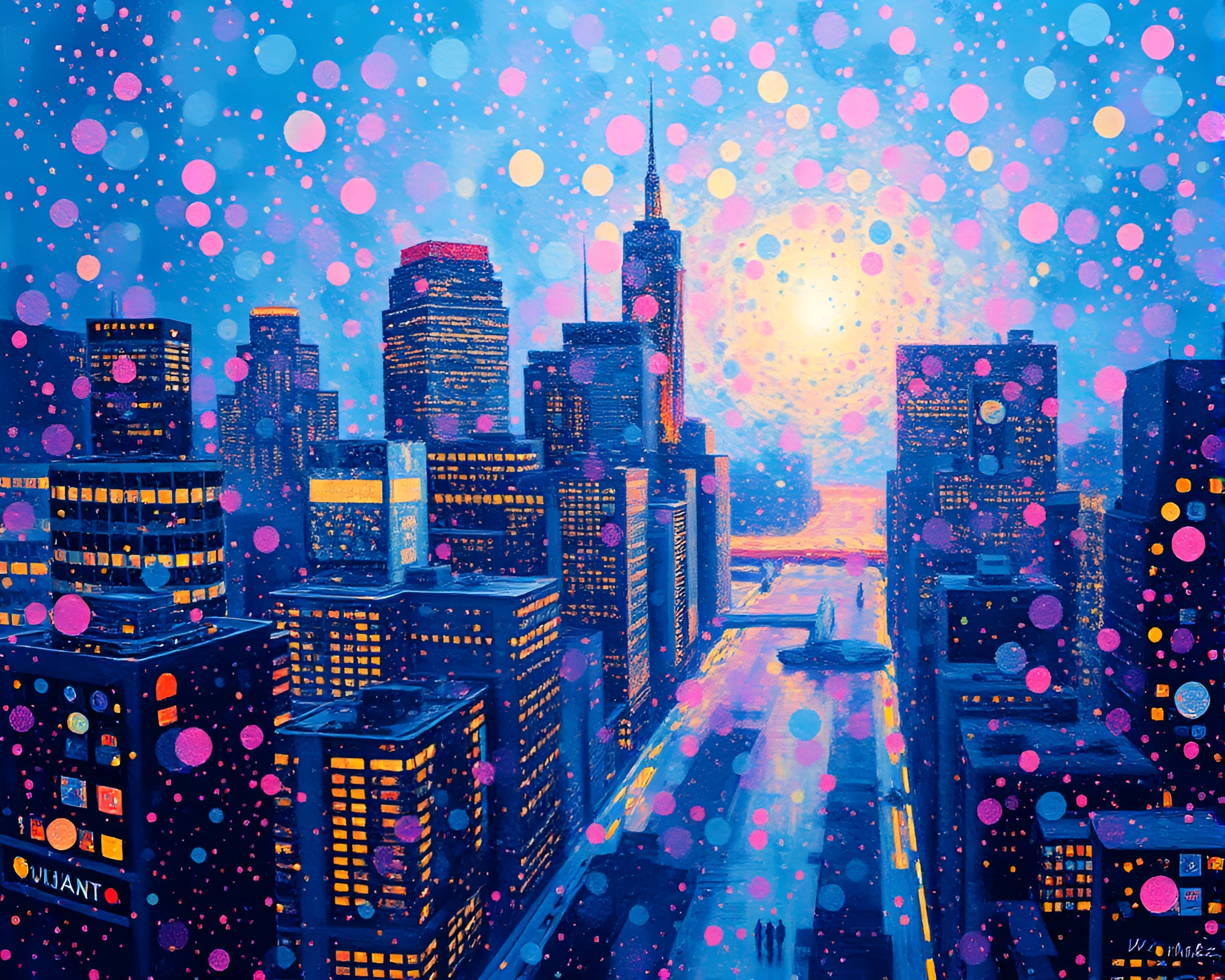 Virtual Cityscape: Digital Bloom in Acrylic Pointillism – free AI stock image