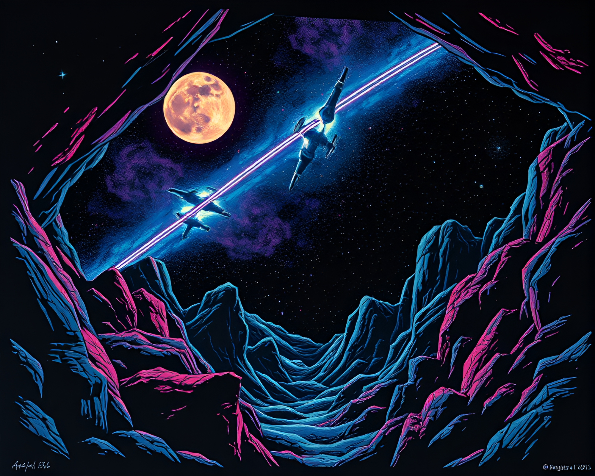 Scan Lines Space Habitat: Glow-in-the-Dark Woodcut Print – free AI stock image