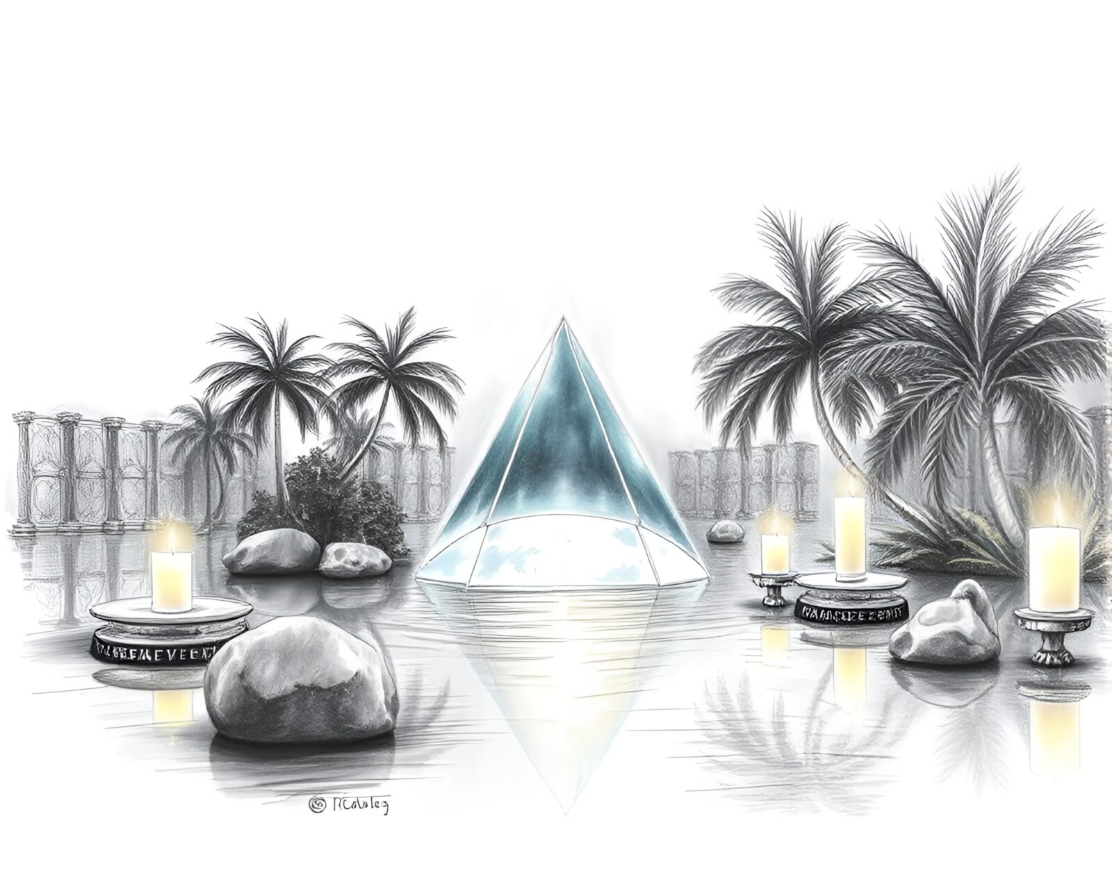 A mesmerizing pencil sketch of an oasis glowing in candlelight