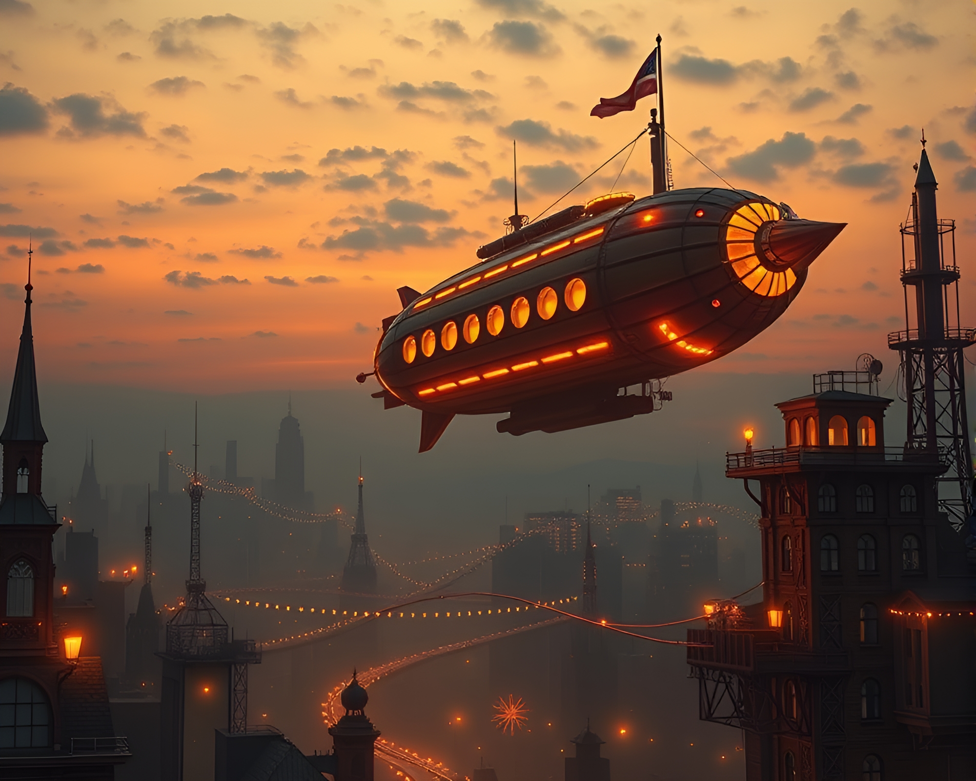Steampunk Airship Soaring at Golden Hour Dusk – free AI stock image