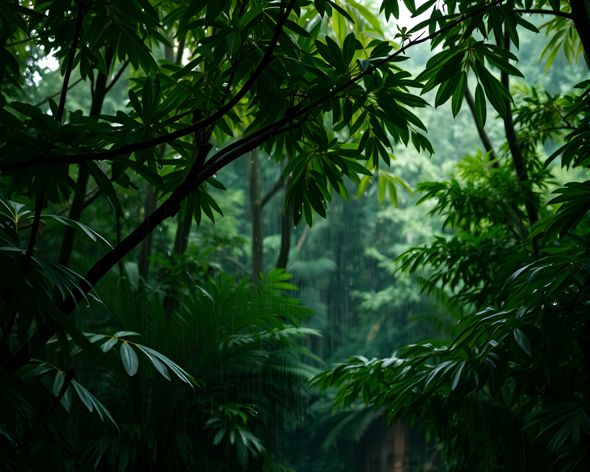Rain Droplets in Jungle Canopy: Serene Forest Scene – free AI stock image