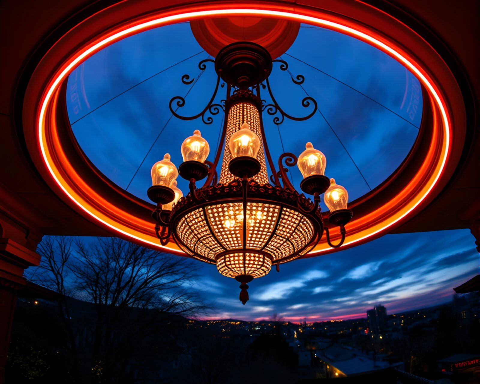 Surreal panoramic view with Victorian chandelier and neon graffiti
