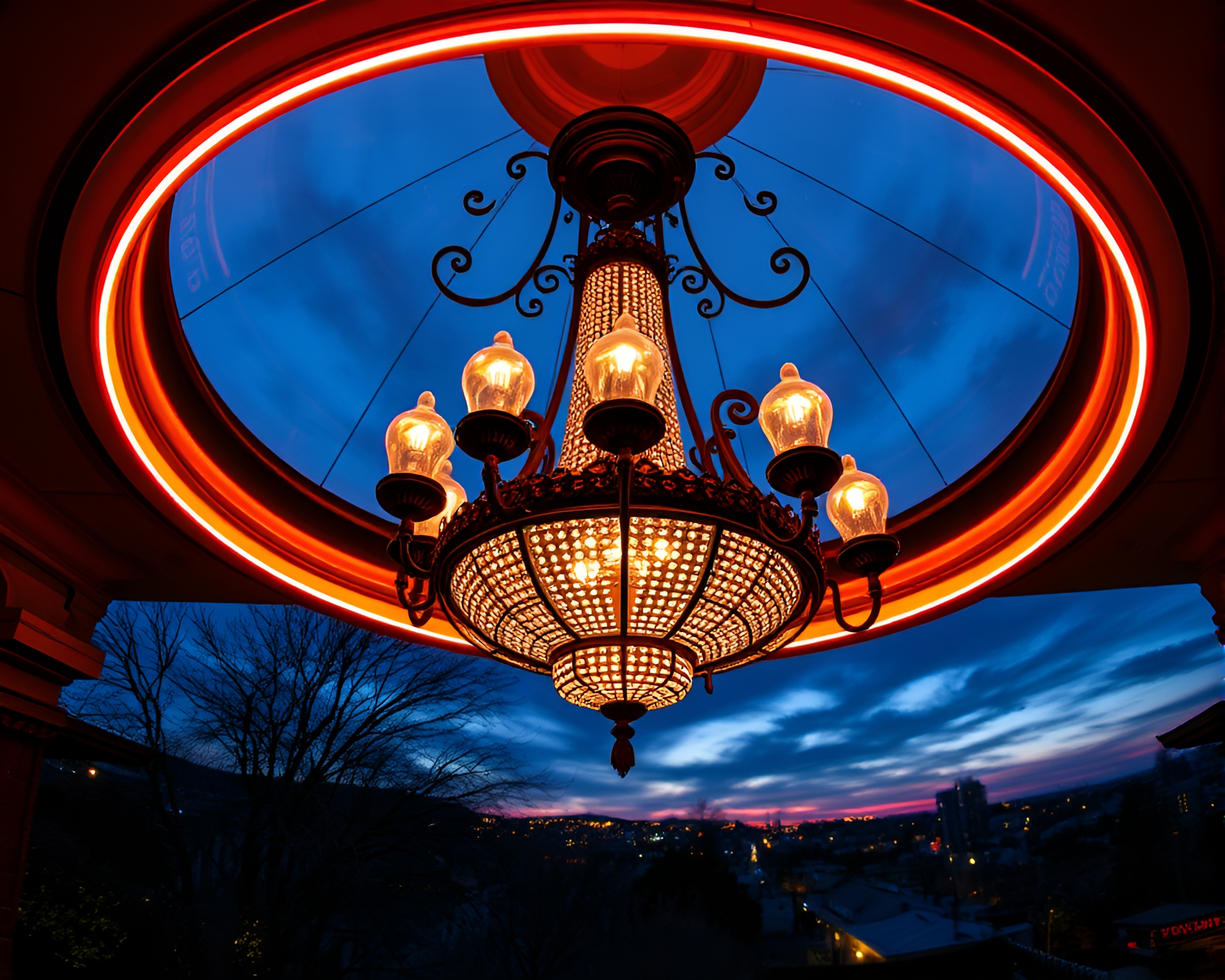 Victorian Chandelier Illuminated by Neon Graffiti Panorama – free AI stock image