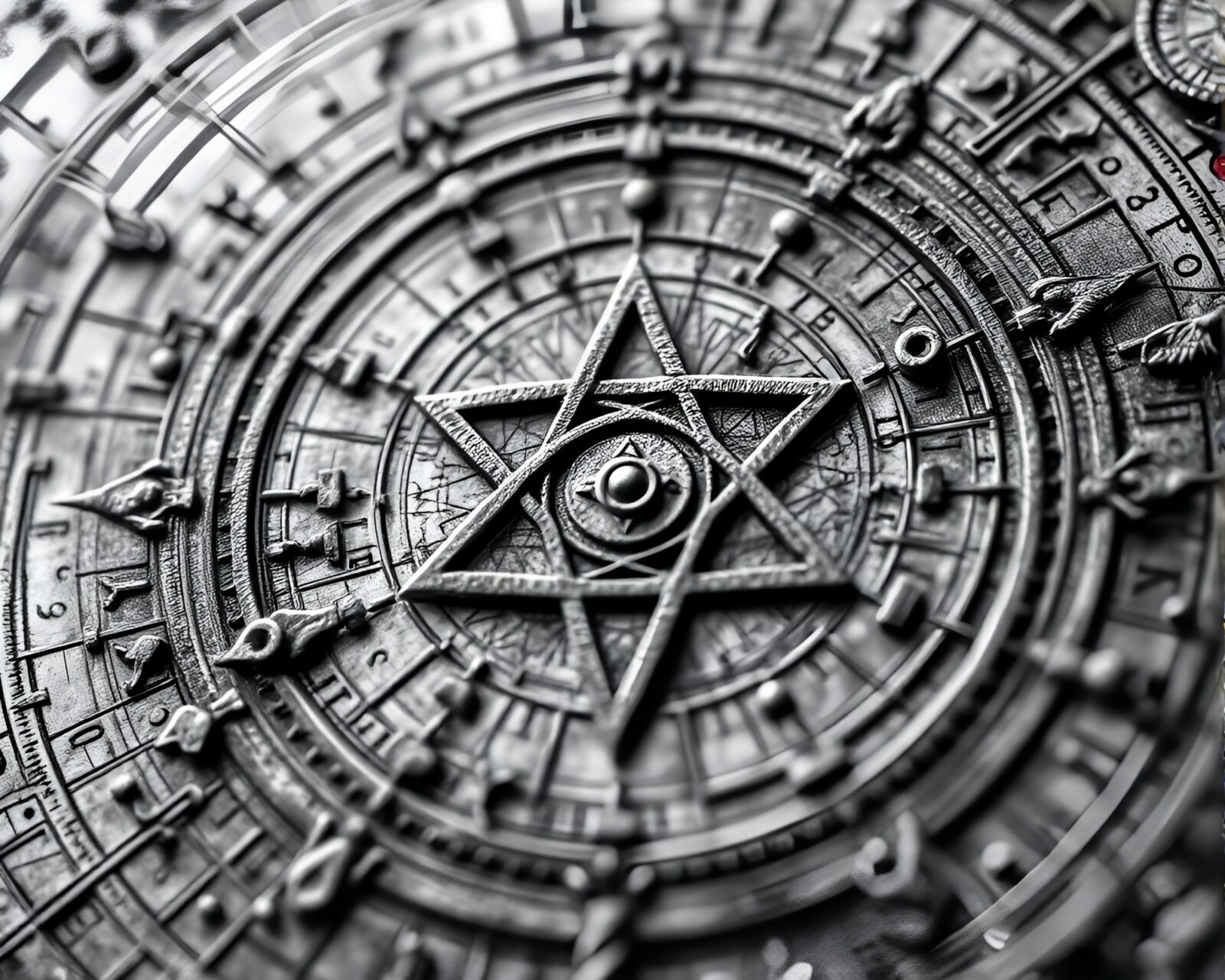 Macro detailed illustration of intricate alchemical symbols in gray hues