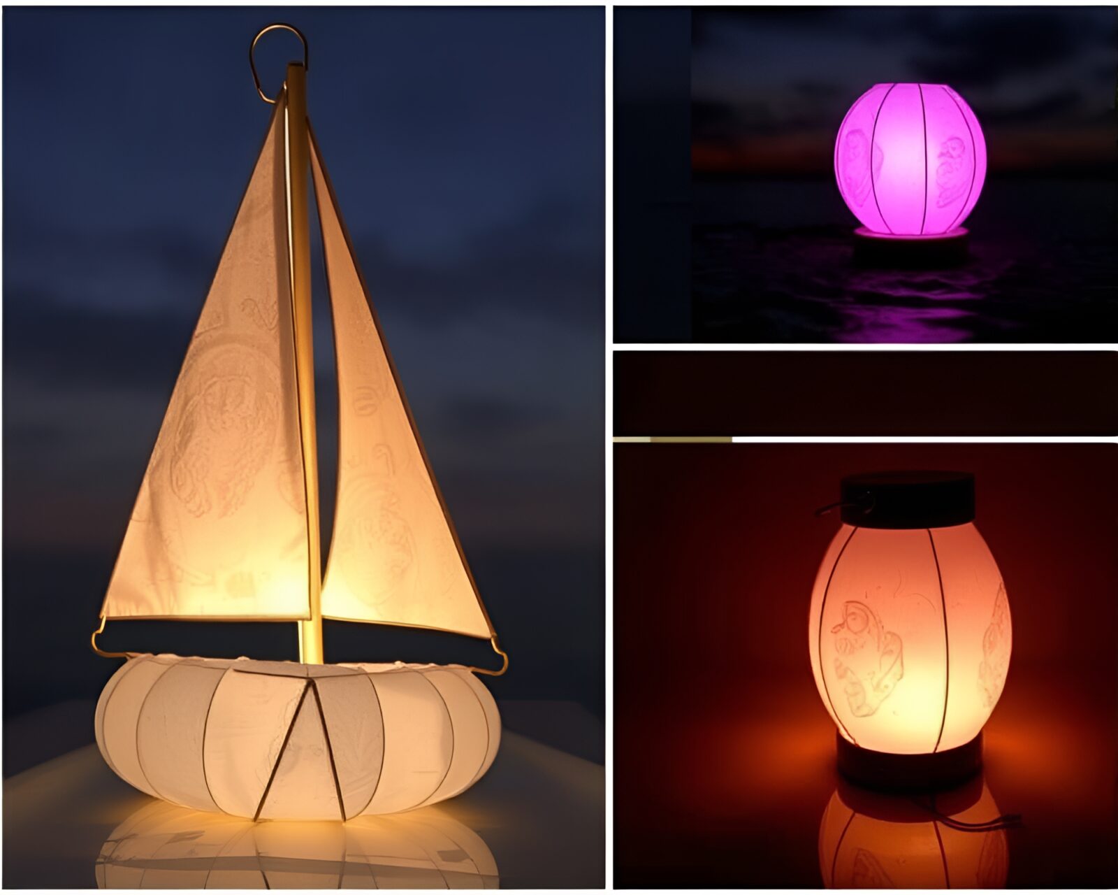 Artistic collage of a solar sailboat in lantern-lit fabric folds