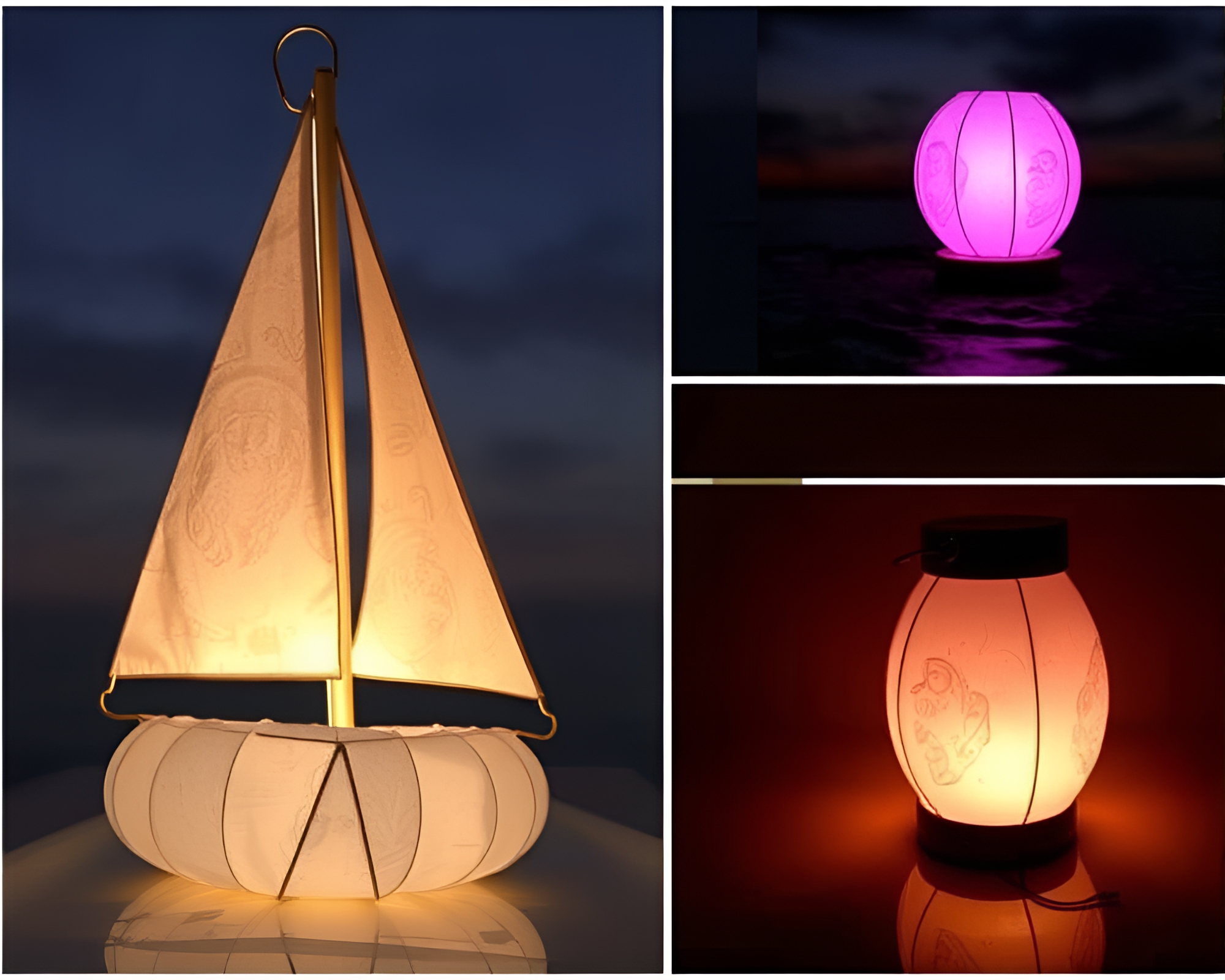 Solar Sailboat in Lantern-Lit Fabric Folds Collage – free AI stock image