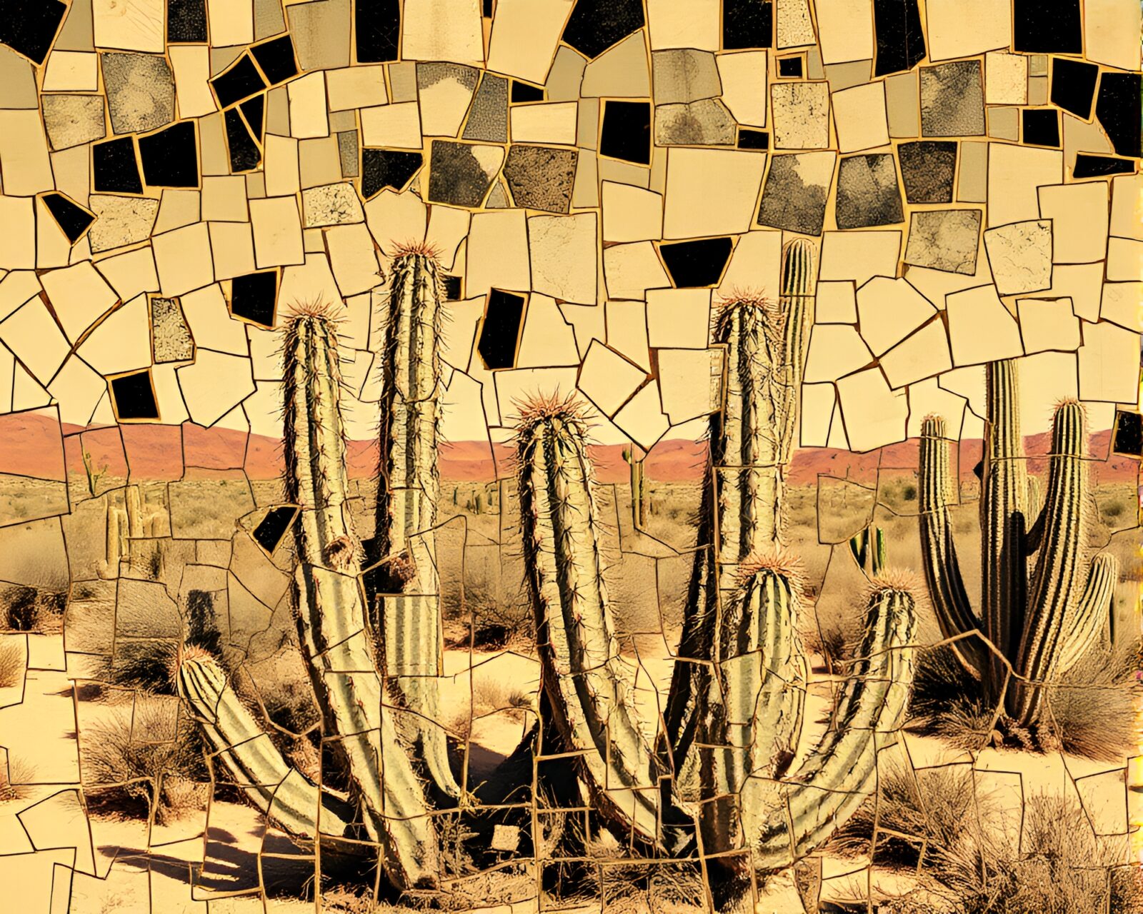 Underexposed blueprint desert cactus mosaic art composition