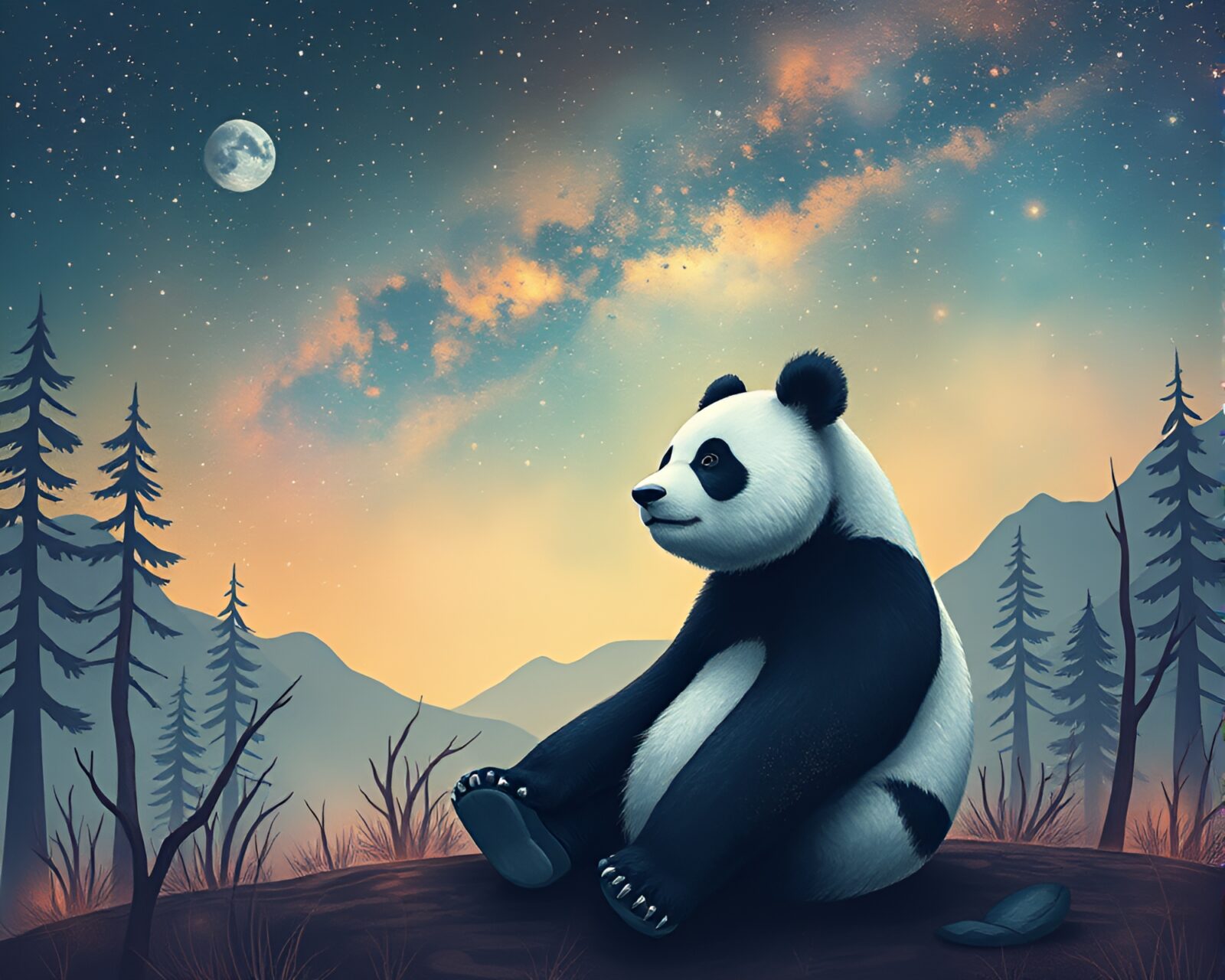 Illustration of a steampunk panda admiring pastel star trails