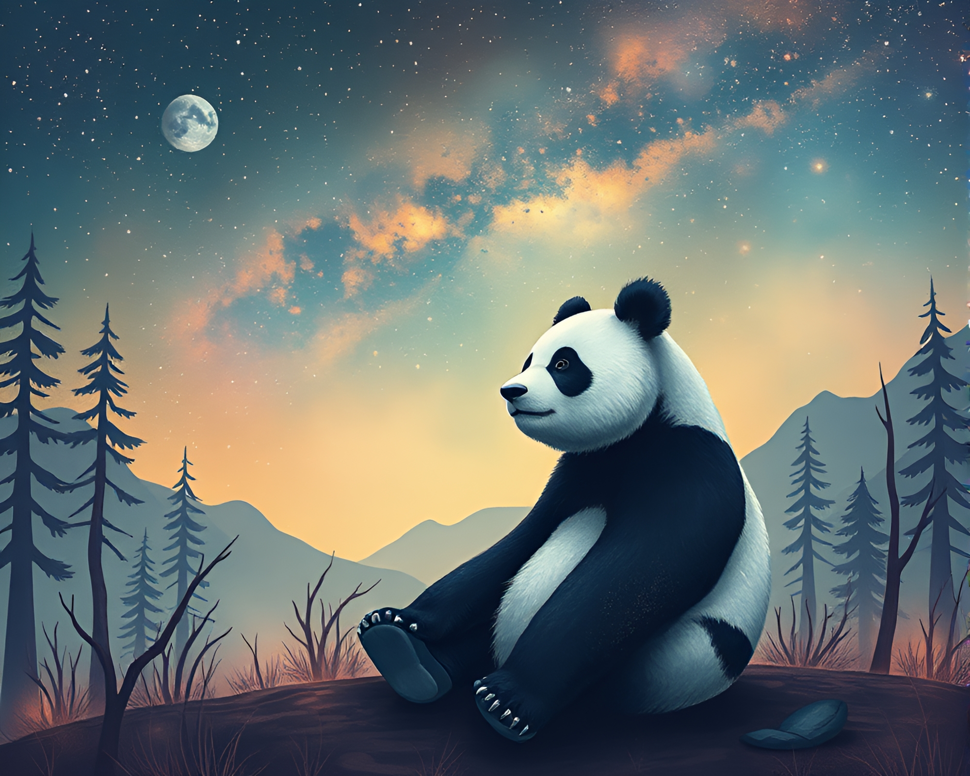 Steampunk Panda Gazing at Dreamy Pastel Star Trails – free AI stock image