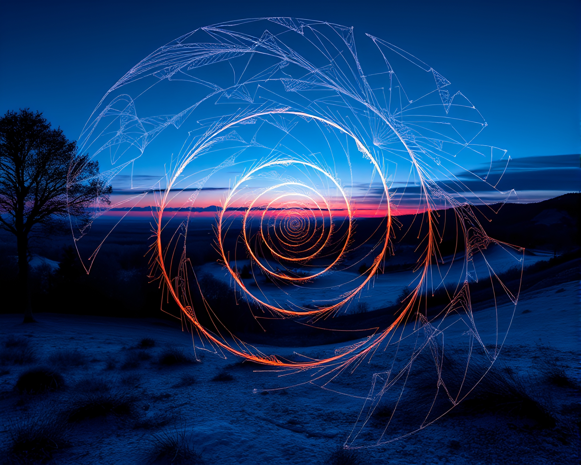 Twilight Landscape with Fibonacci Spiral Augmented Reality – free AI stock image