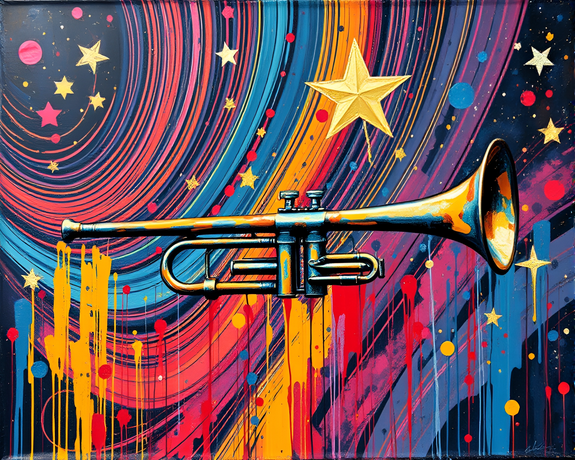 Colorful Star Trails with Trumpet Player in Encaustic Style – free AI stock image