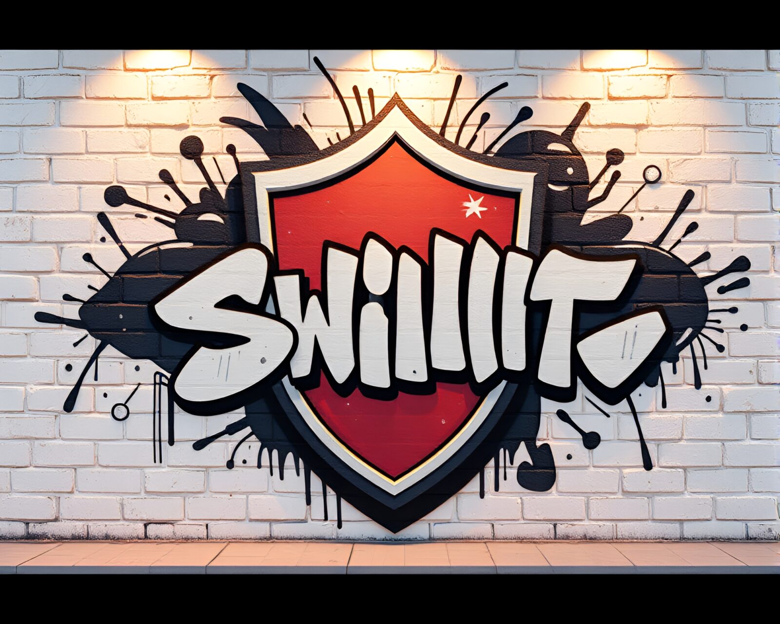 Low-poly 3D graffiti mural depicting a shield in warm light