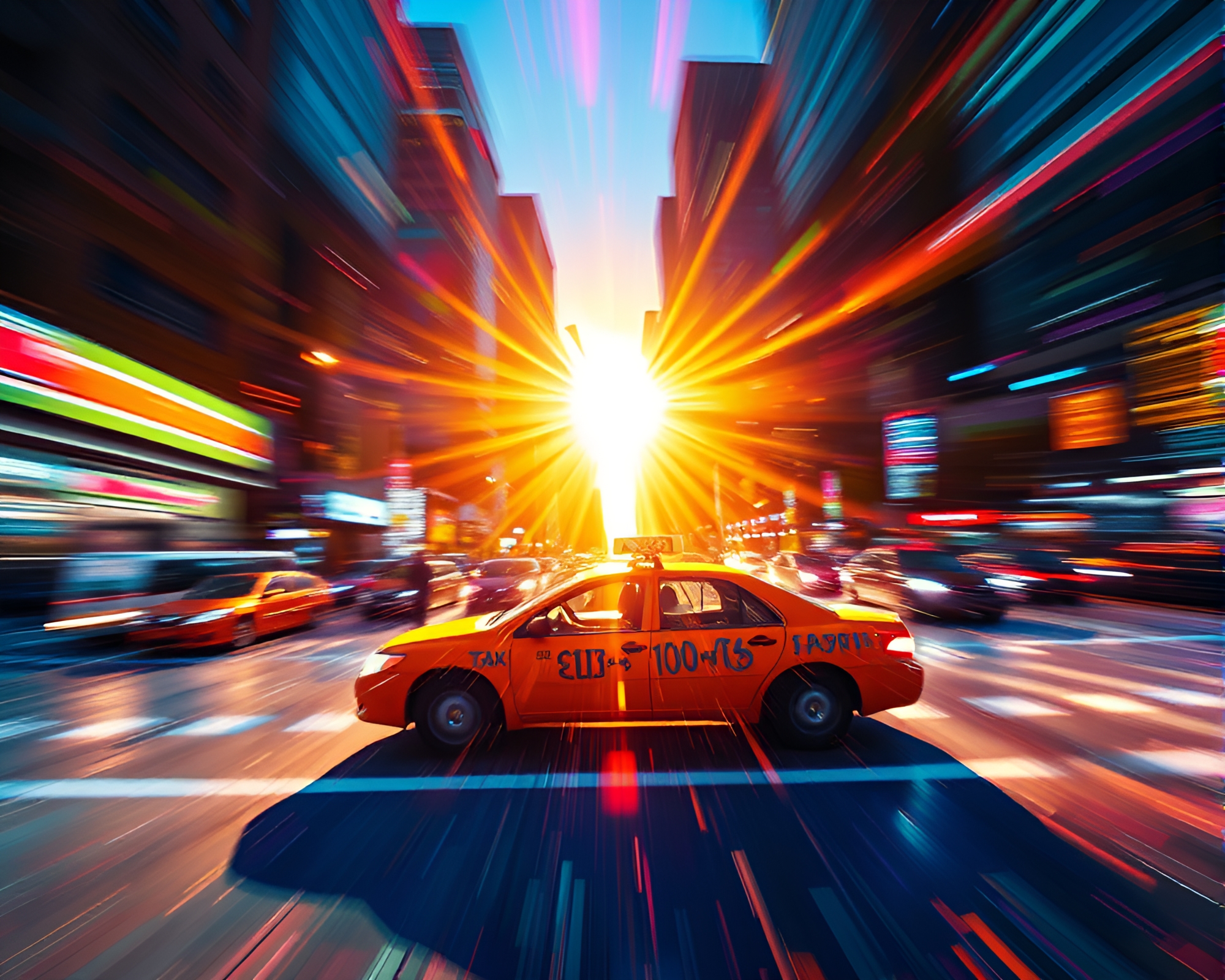 Psychedelic Sunbeams in Taxi Motion Blur – free AI stock image