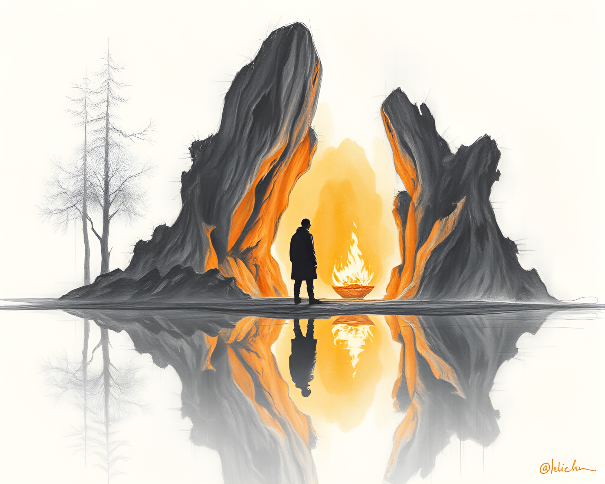 Multiverse Portal at Bonfire Silhouette Reflection – free AI stock image