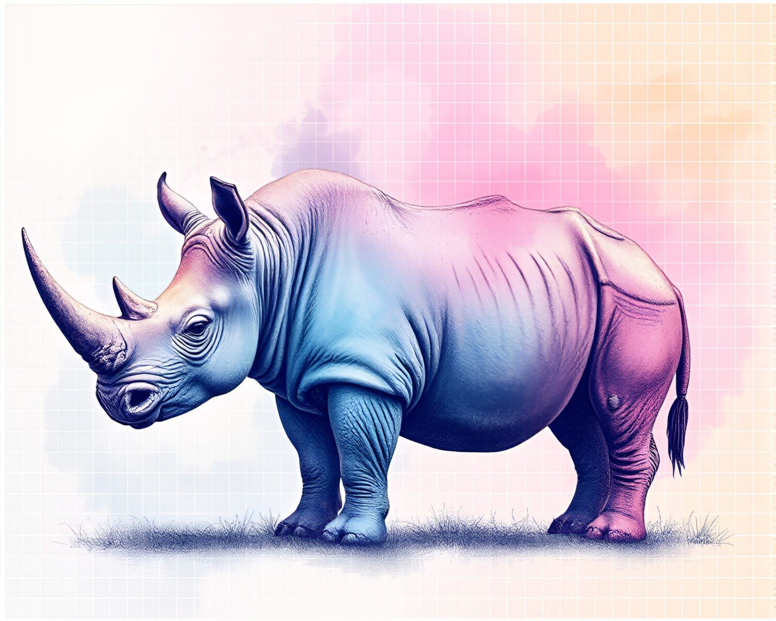 Stylized rhinoceros in soft pastel colors on grid background