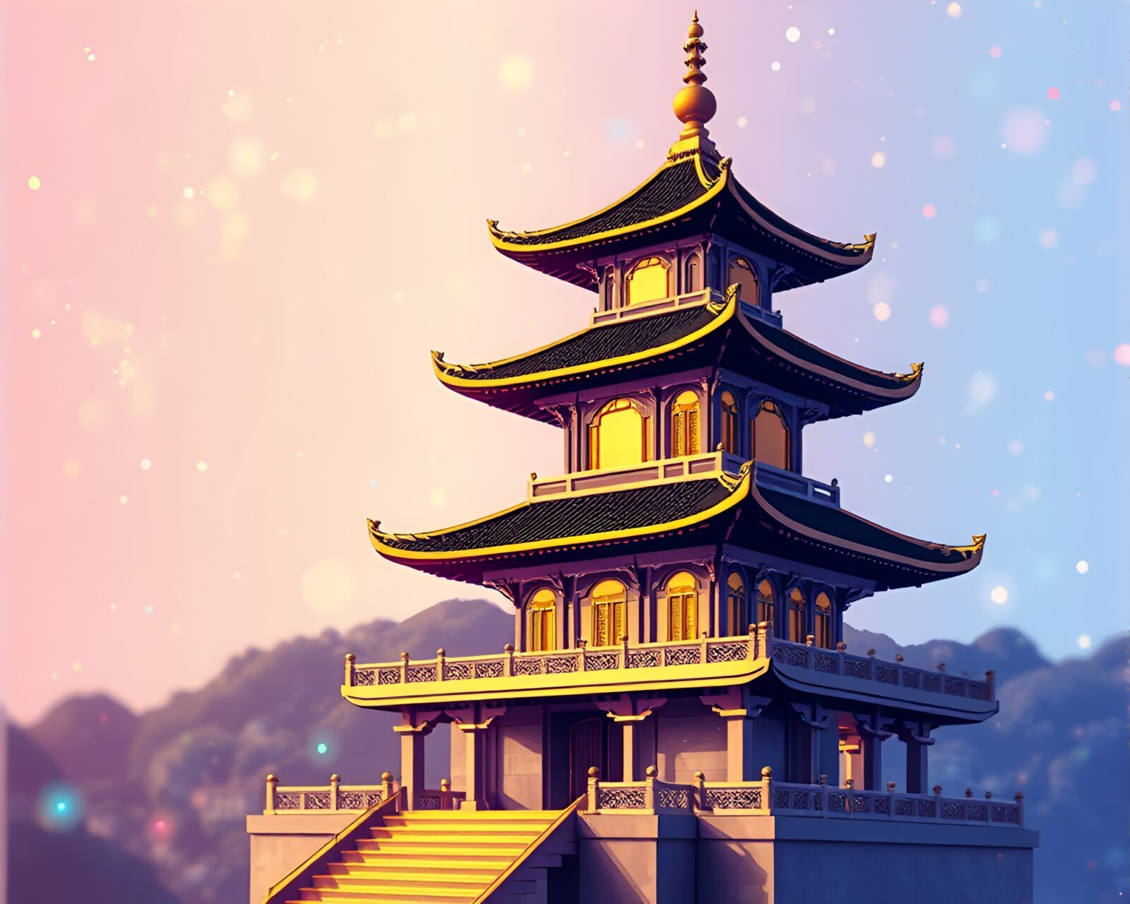 Matte finish technical illustration of hologram specks on pagoda